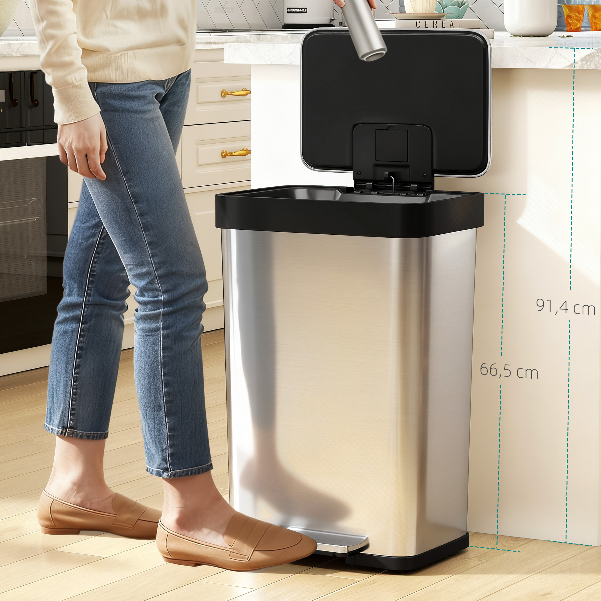 60 L Mülleimer mit Fußpedal, Edelstahl-Abfalleimer mit sanft schließendem Deckel, Silberfarben