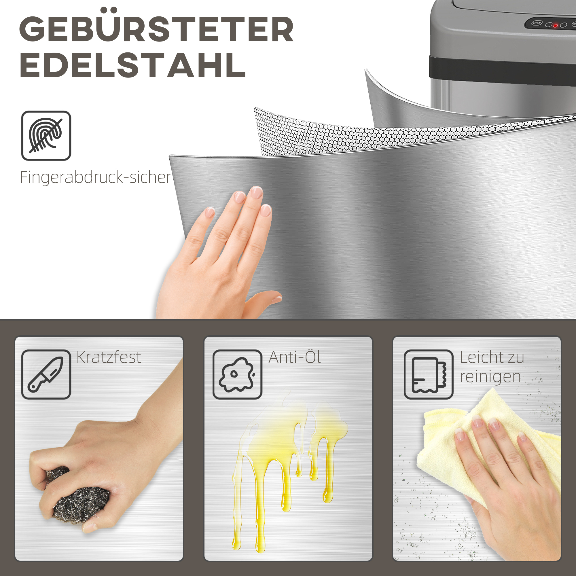48 L Sensor-Mülleimer für Küche oder Büro, automatische Schließ-Funktion, Edelstahl, Silberton