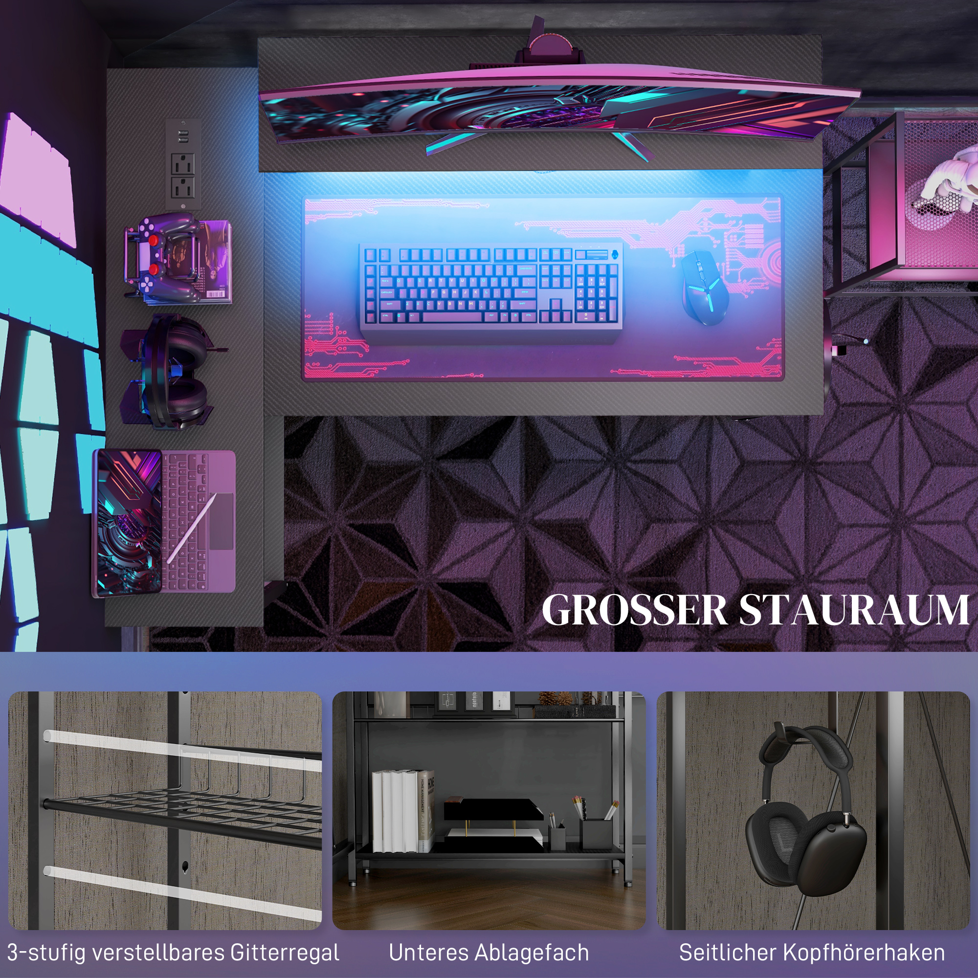 Schreibtisch L Form mit LED, Steckdosen, USB, Umkehrbar Computertisch mit Regal, 107 x 80 x 90 cm, Schwarz