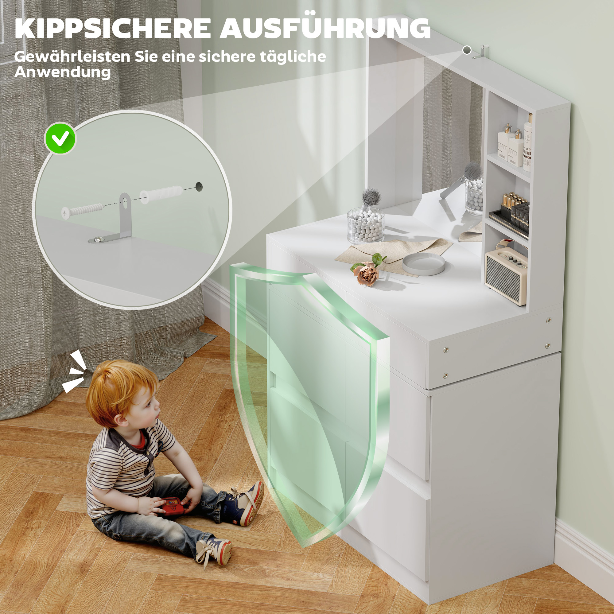 Schminktisch, Make-up-Tisch mit großem Spiegel, 4 Schubladen, 3 offene Fächer, 2 Schränke, MDF, Weiß