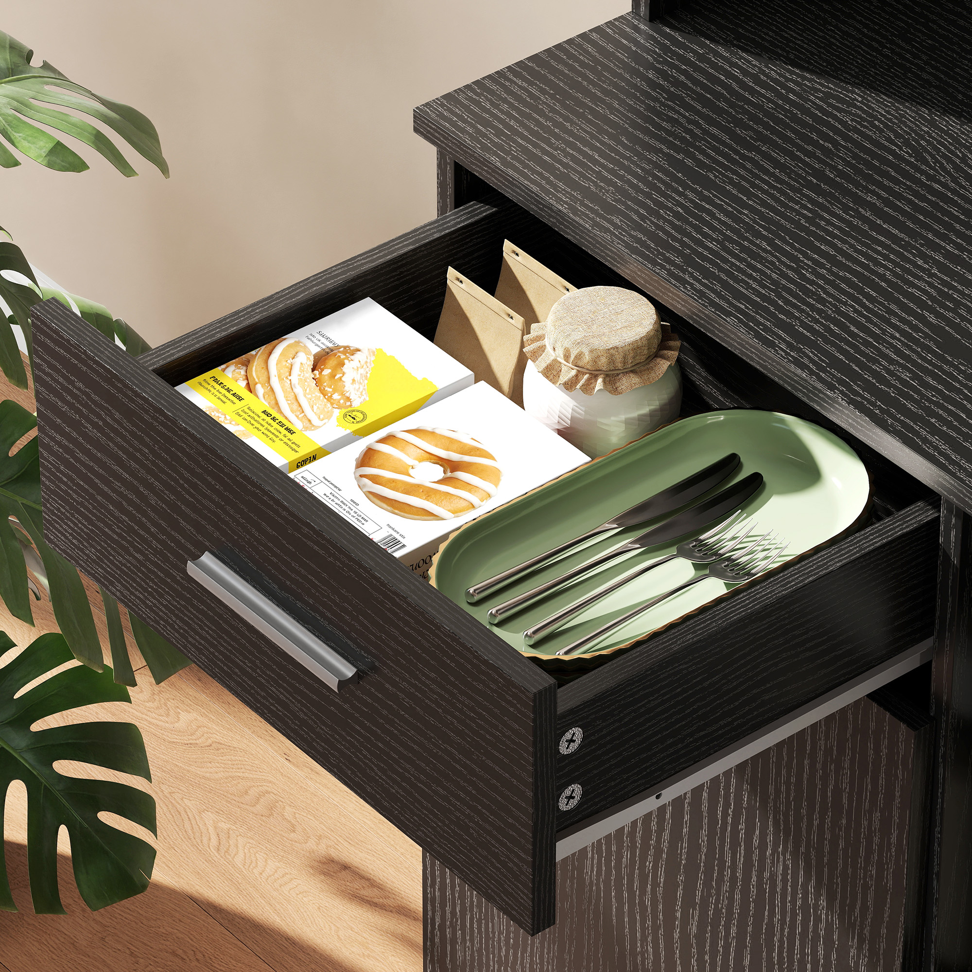 Küchenschrank, Buffet mit Schublade, Soft-Close Türen, 80 x 35 x 180 cm, Schwarz
