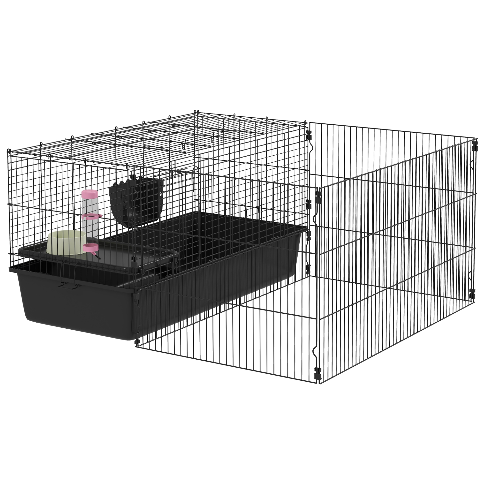 Kleintierkäfig mit abnehmbaren Gehege, Laufgitter mit Stall, inkl. Zubehör, Schwarz