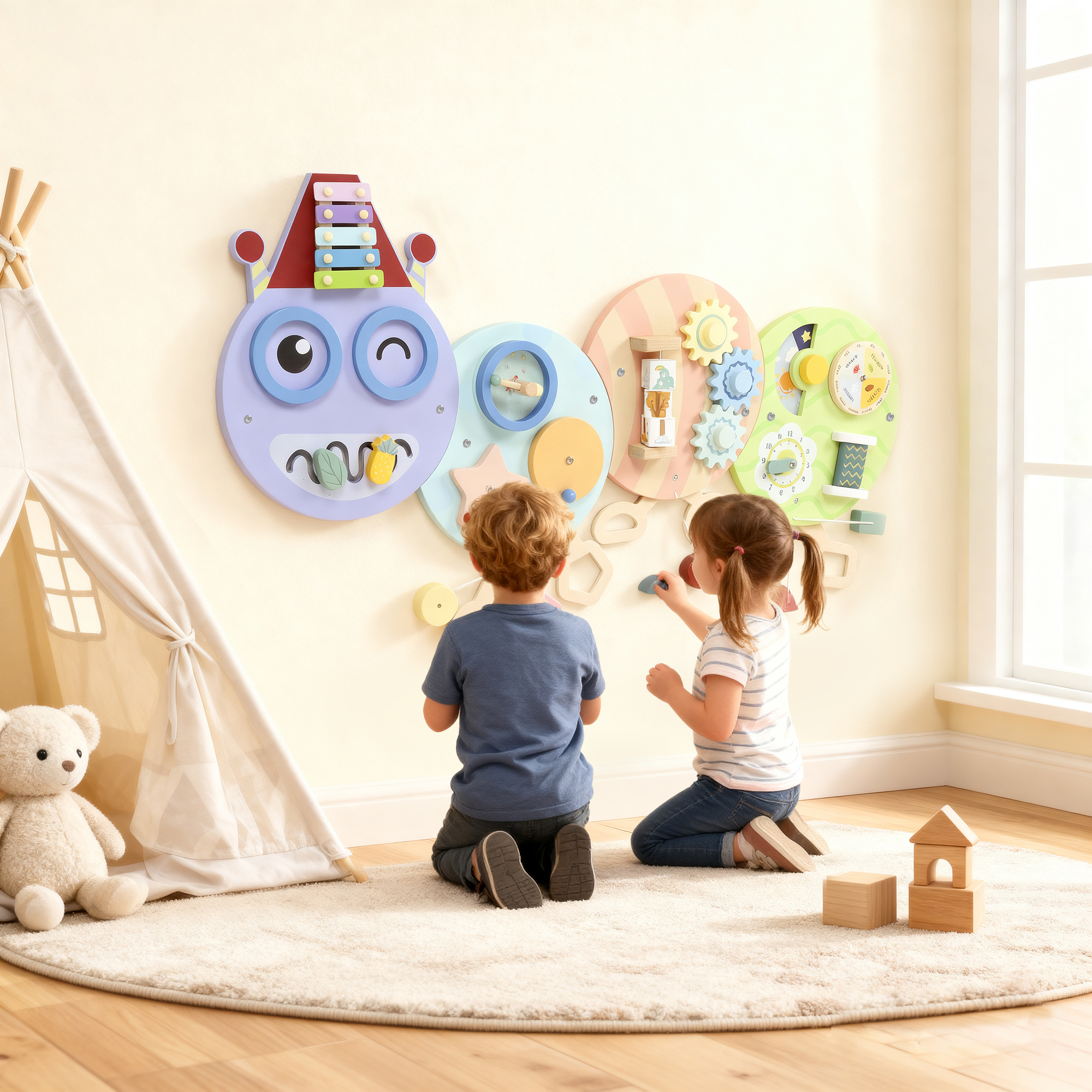 7-in-1 Wandspielzeug, Xylophon, Zahnräder, Raupen-Design, MDF, 108 cm, Bunt