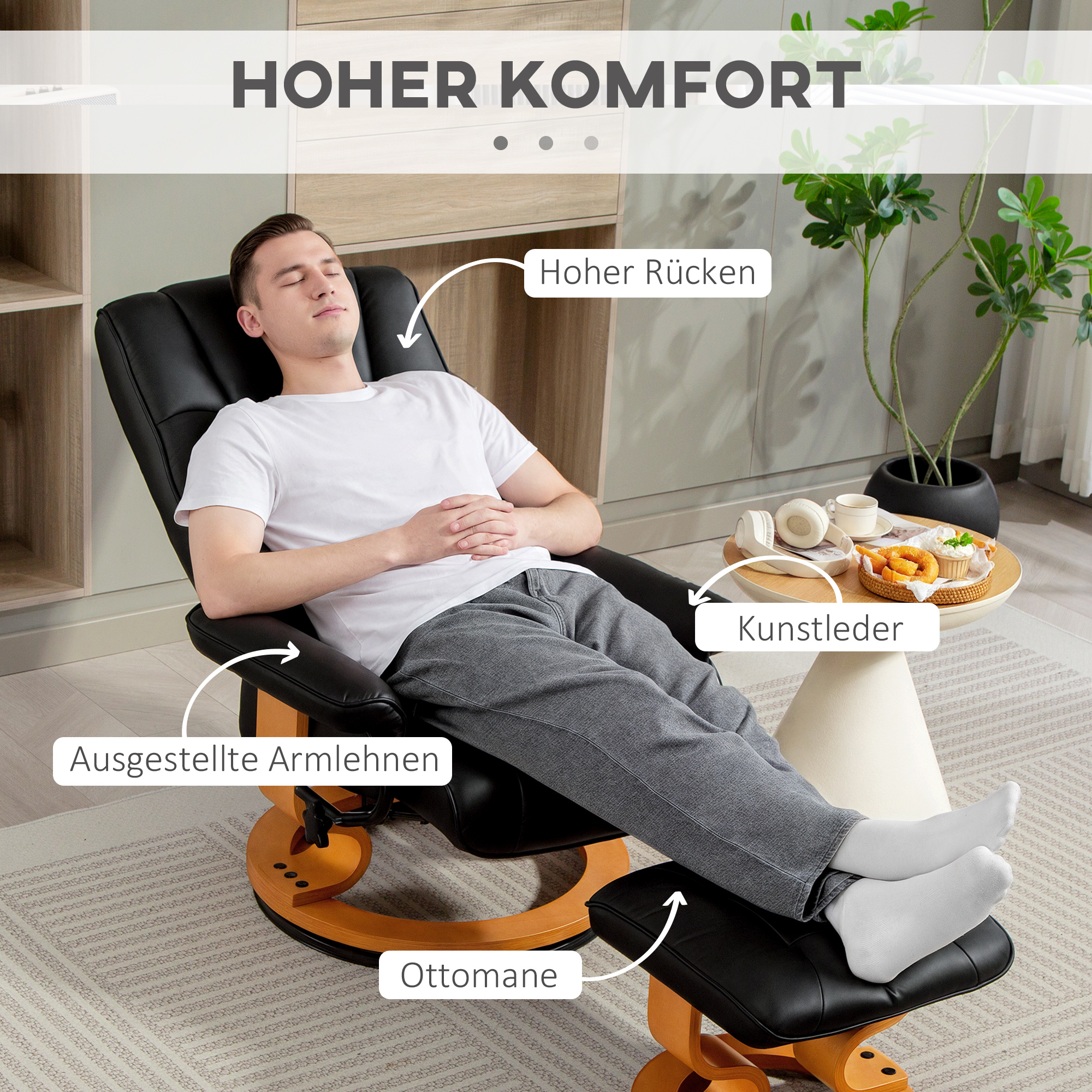 Relaxsessel mit Hocker, drehbar & neigbar, Kunstlederbezug, bis 150 kg, Holzgestell, Schwarz