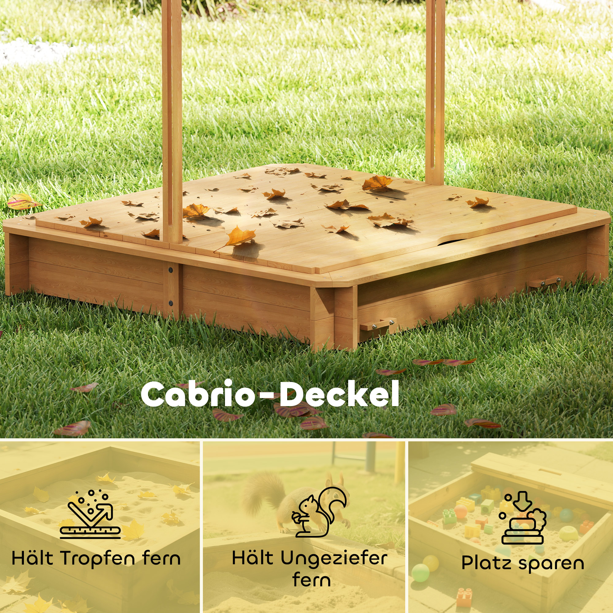Sandkasten 106x106 cm Kinder Sandbox aus Holz mit höhenverstellbar Abdeckung Sitzbänken Rücklehnen Hellbraun