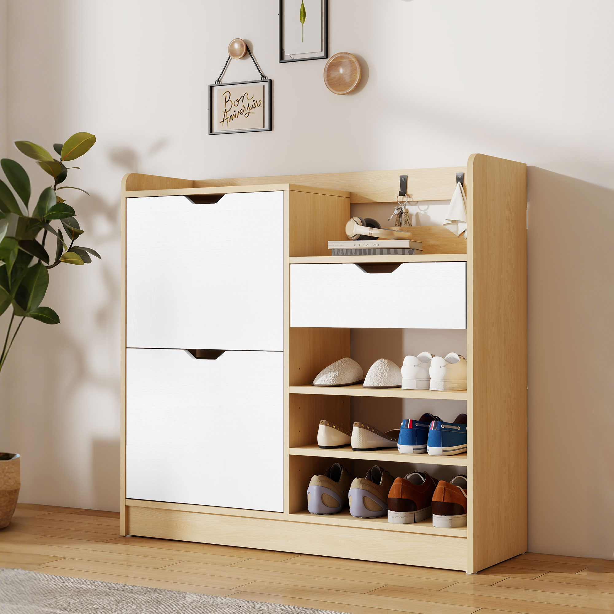 Schuhregal für Flur, Schuhschrank mit Kippschubladen, offenen Regalen, 4 Haken, für bis zu 14 Paar Schuhe, Natur