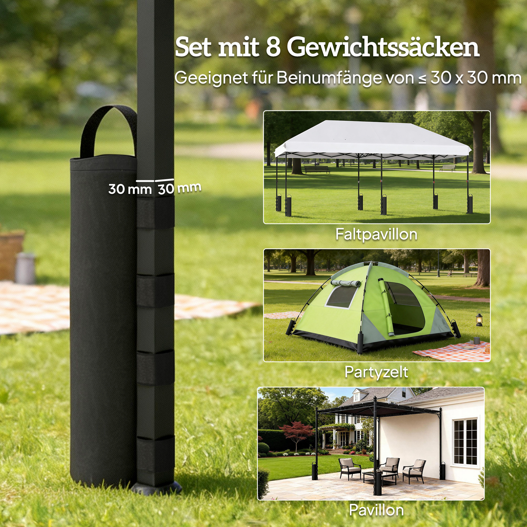 8er-Set Sandsäcke für Pavillonfüße, 40 kg strapazierfähige Sandsäcke aus 600D Oxford-Gewebe, ohne Sand, Schwarz