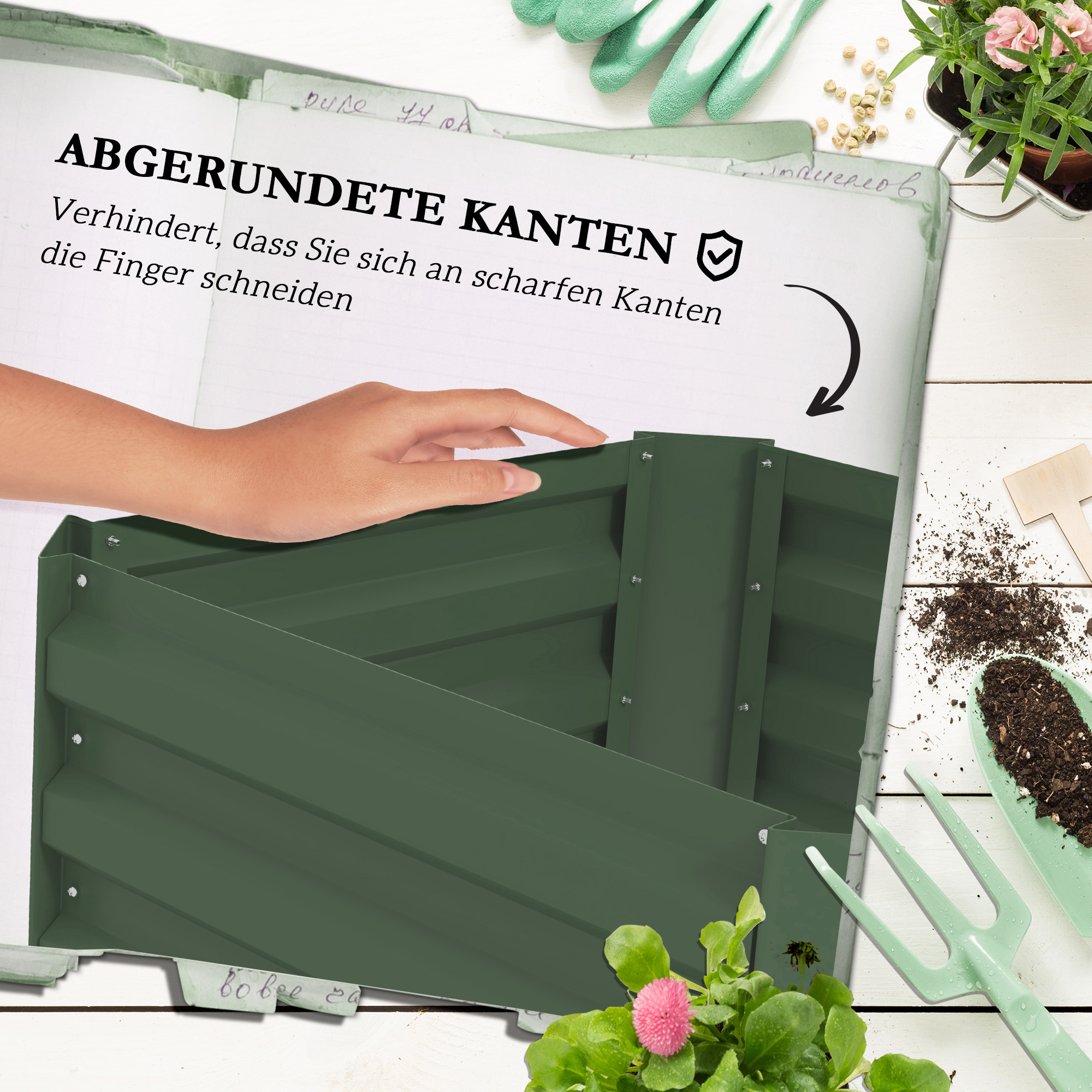 Hochbeet mit Rankgitter Pflankasten mit Rankhilfe, offener Boden, wetterbeständig, 61 cm x 61 cm x 140 cm, Grün