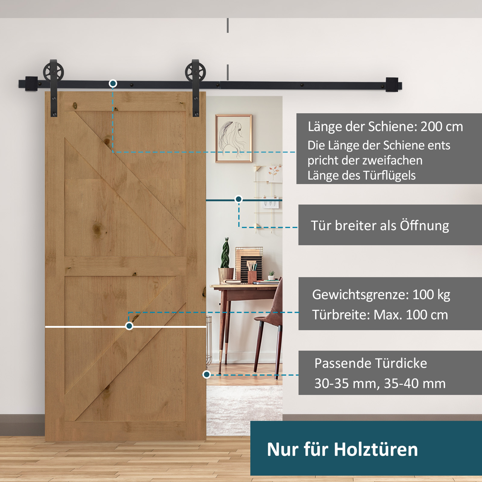 Gleitschienen-Bausatz für Schiebetür, rustikales Design, Karbonstahl, 200x4x0,6 cm, bis 90 kg, Schwarz