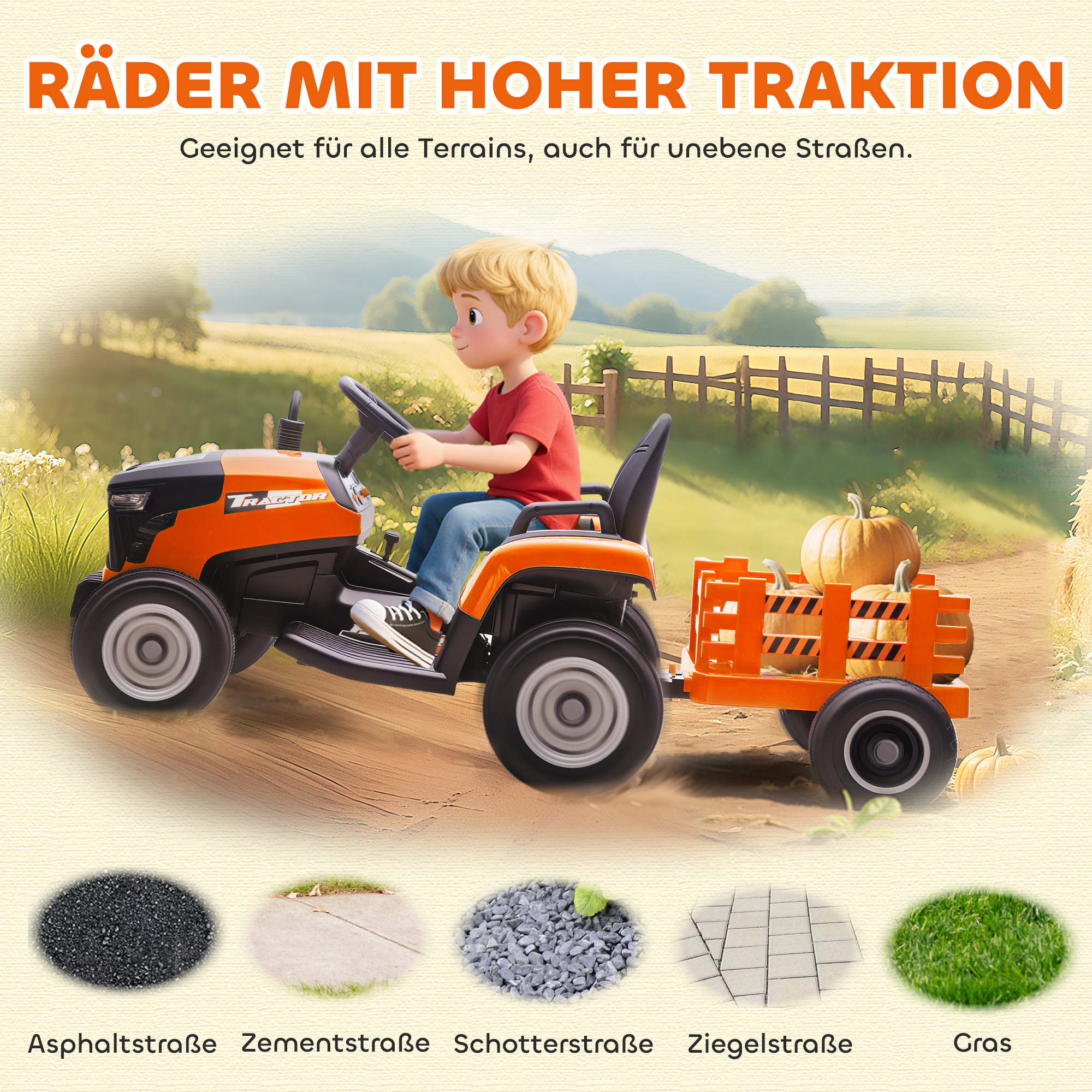 Kinderfahrzeug, Aufsitz-Traktor mit Fernbedienung, Soft-Start, für Kinder im Alter von 3-8 Jahren, Orange