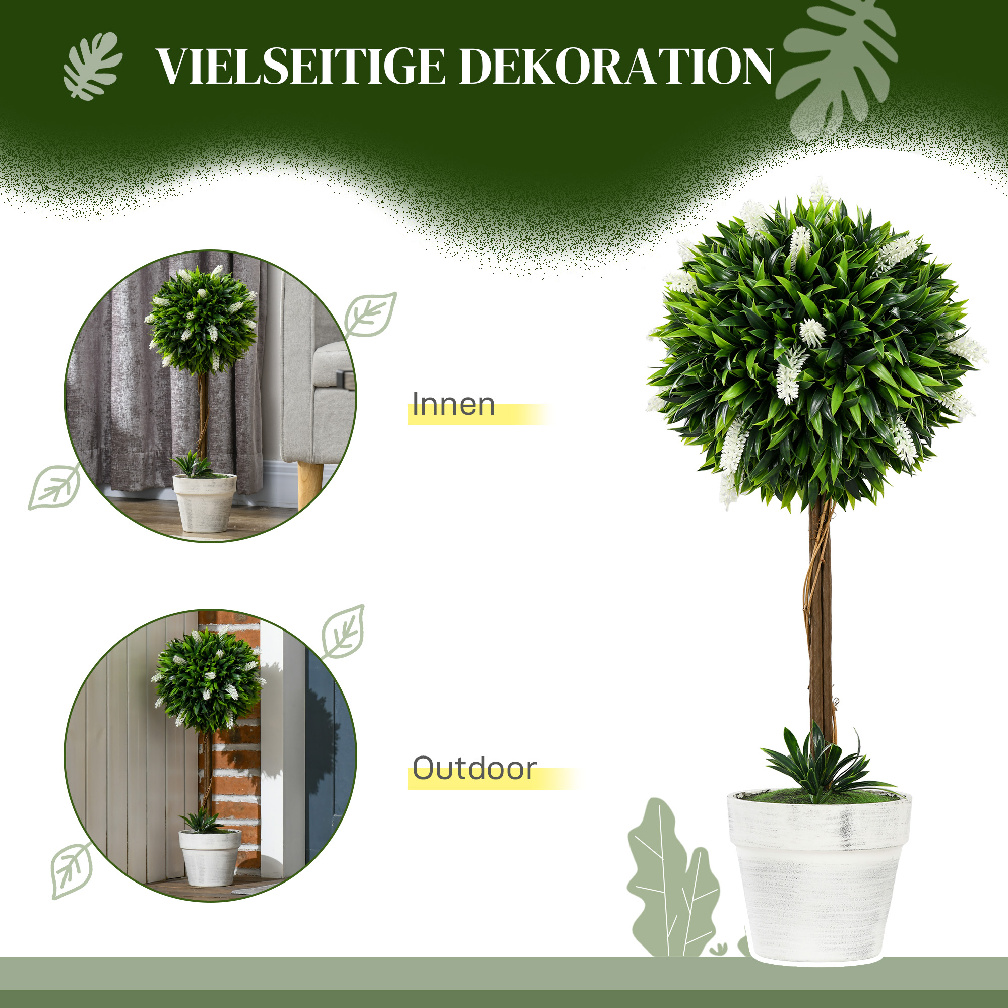 2er-Set Lavendel Kunstbaum, 60 cm hoch, inkl. Topf und Kunstmoos, Weiß