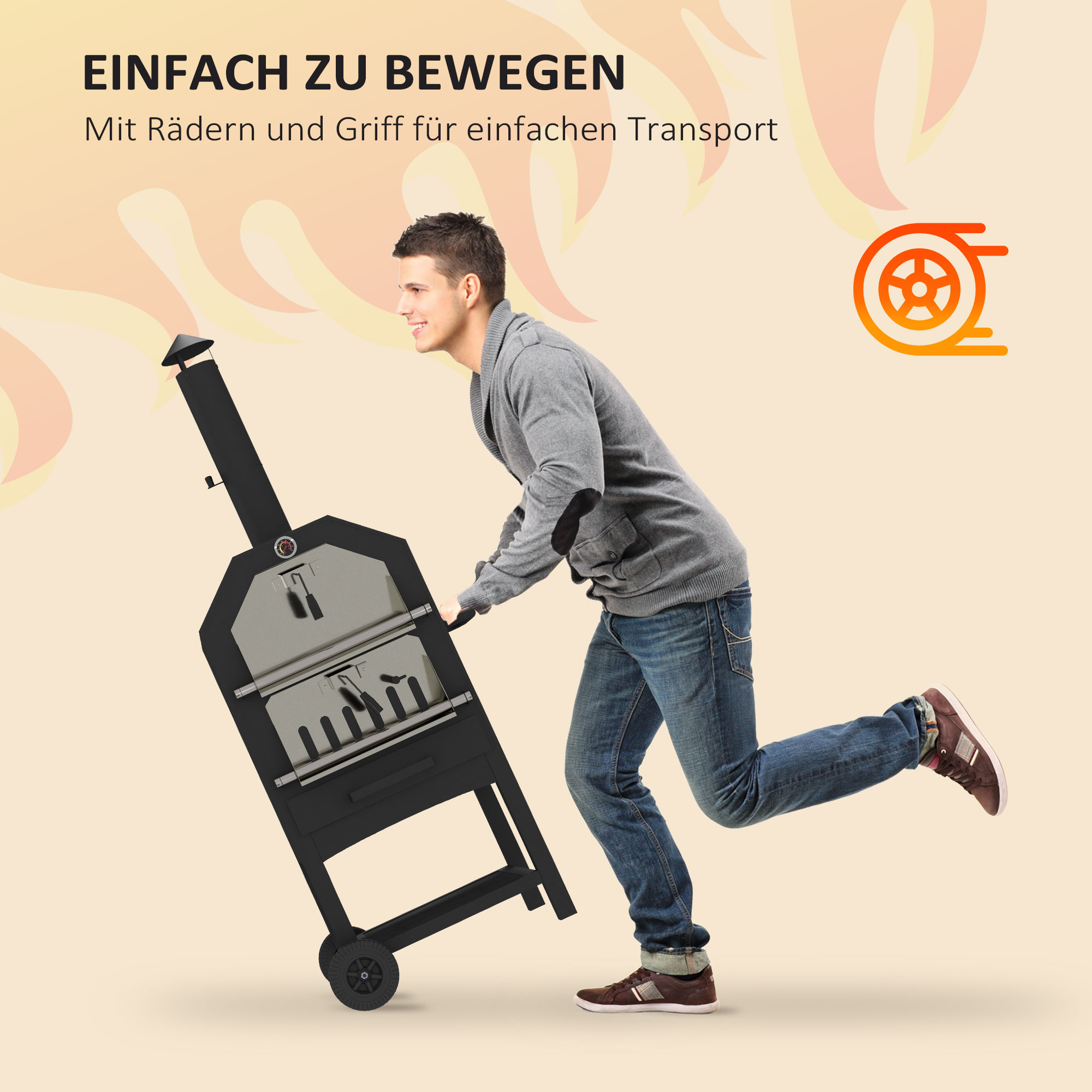 2-in-1 Outdoor Pizzaofen, mit Pizzastein, Aschefach, 2x Grillrost, Thermometer, rostfrei, Schwarz