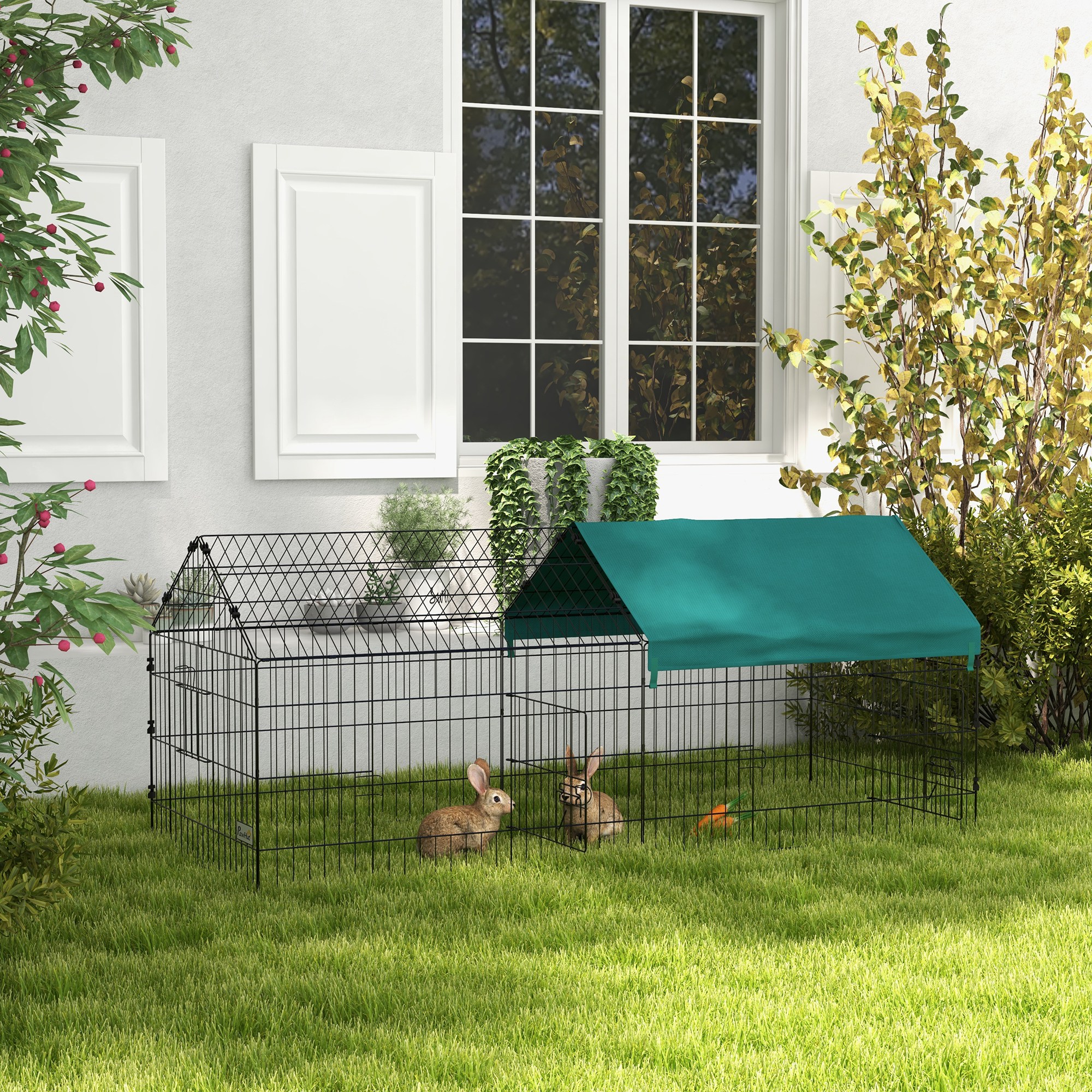 Kleintiergehege mit Dach, 4 Türen, wetterfest, Stahl/Polyester, 185x75x75cm, Schwarz/Grün