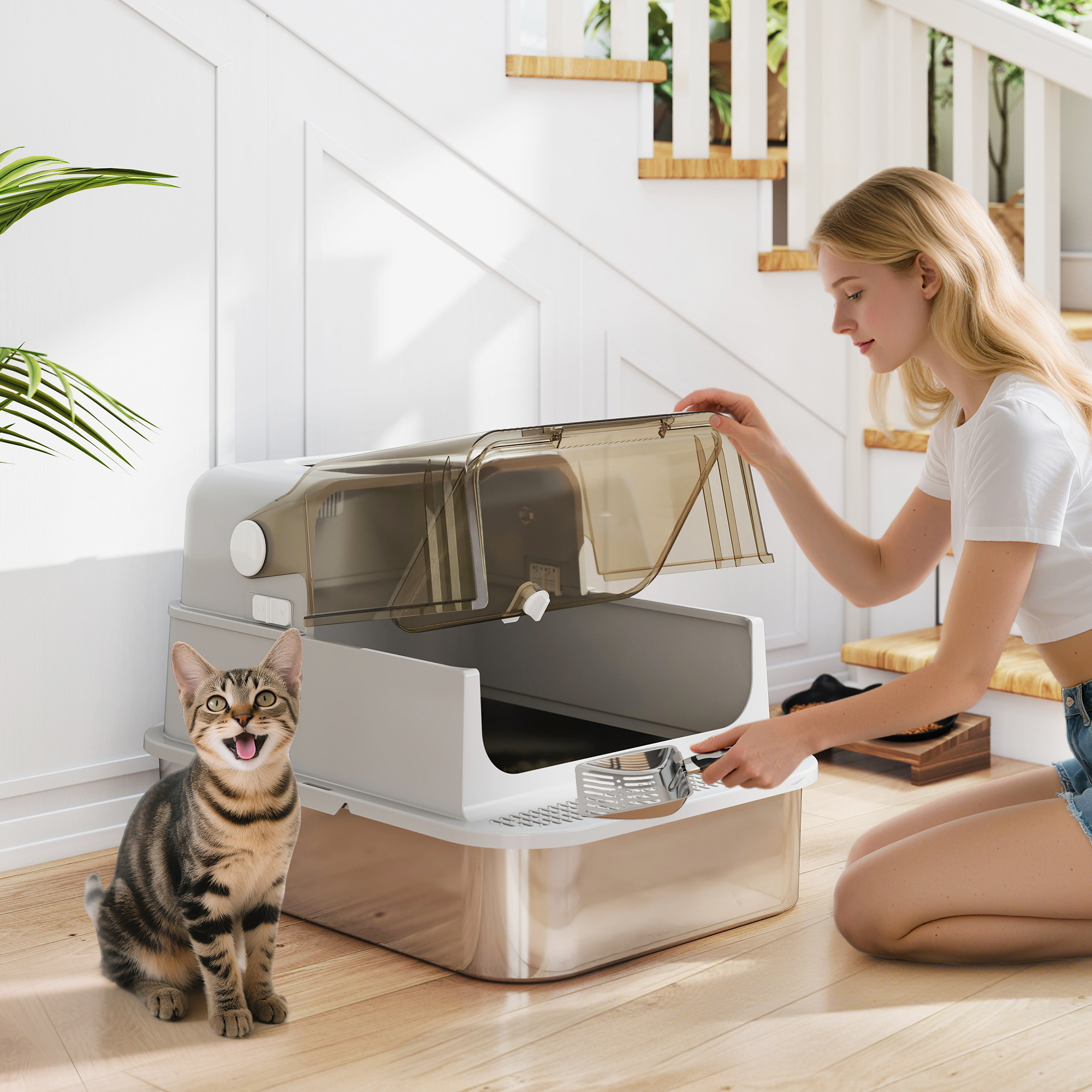 XXL Edelstahl-Katzentoilette mit Klappdeckel, Katzenklo mit Schaufel, für große Katzen bis zu 12 kg, leicht zu reinigen