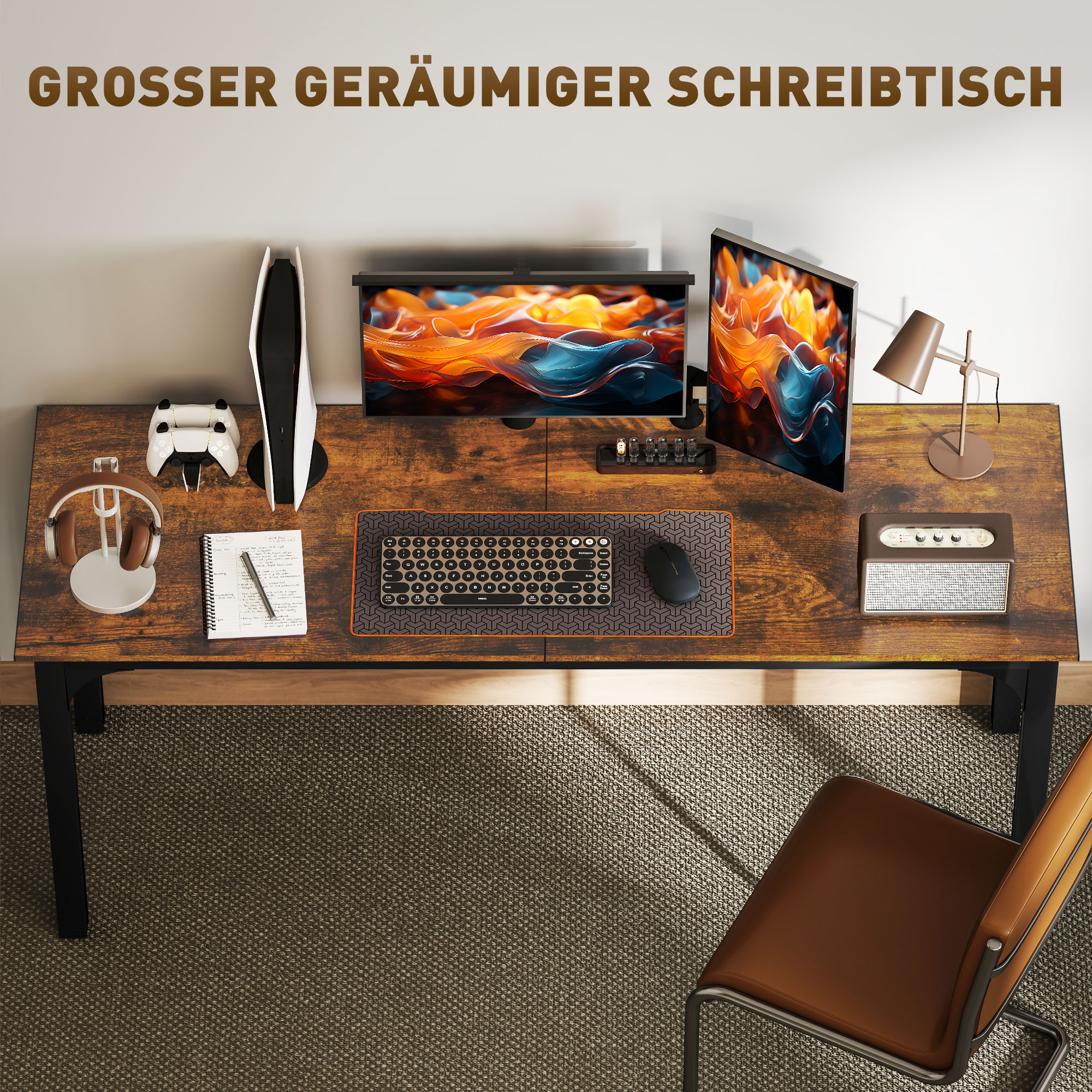 Schreibtisch, Computertisch, rustikales Design, viel Platz, Spanplatte, Braun