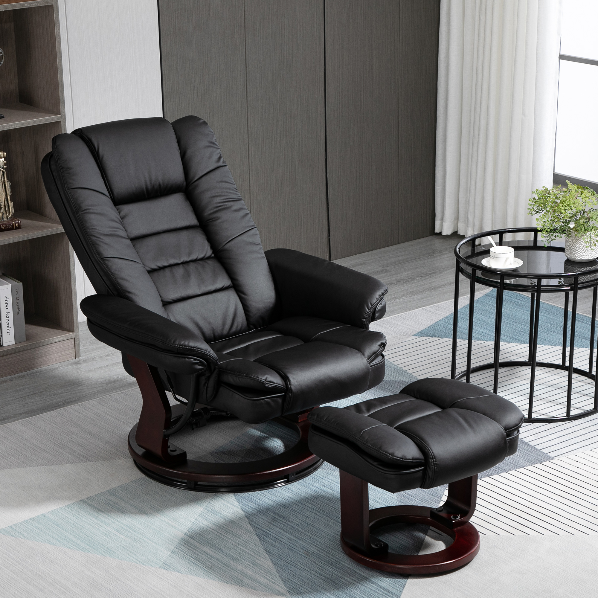 Relaxsessel mit Hocker, Liegesessel, drehbar, neigbare Lehne, Lederoptik, bis 130 kg, Schwarz