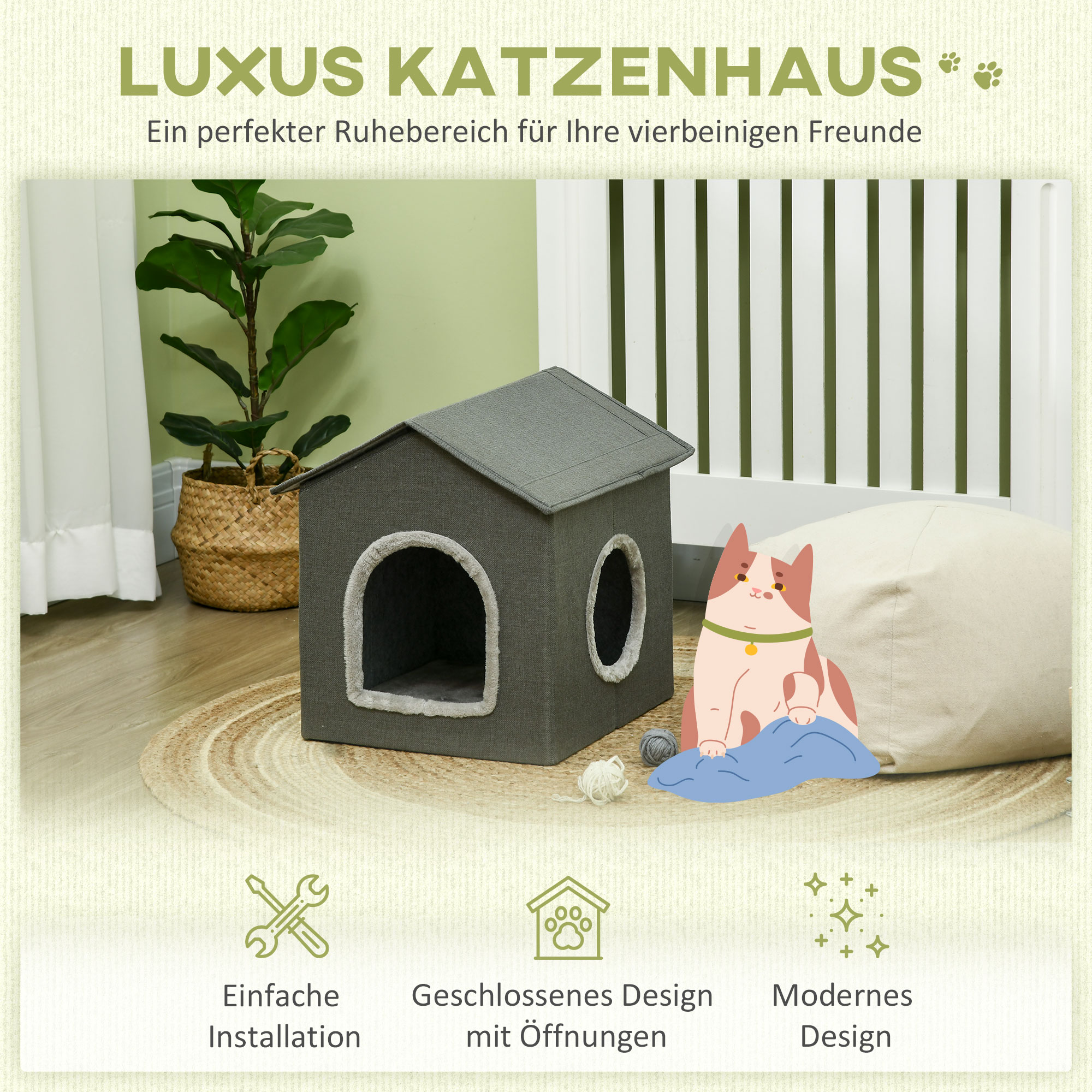 Katzenhöhle mit Kissen, Katzenbett, Haustier-Reisebett, waschbares Kissen, Khaki/Grün