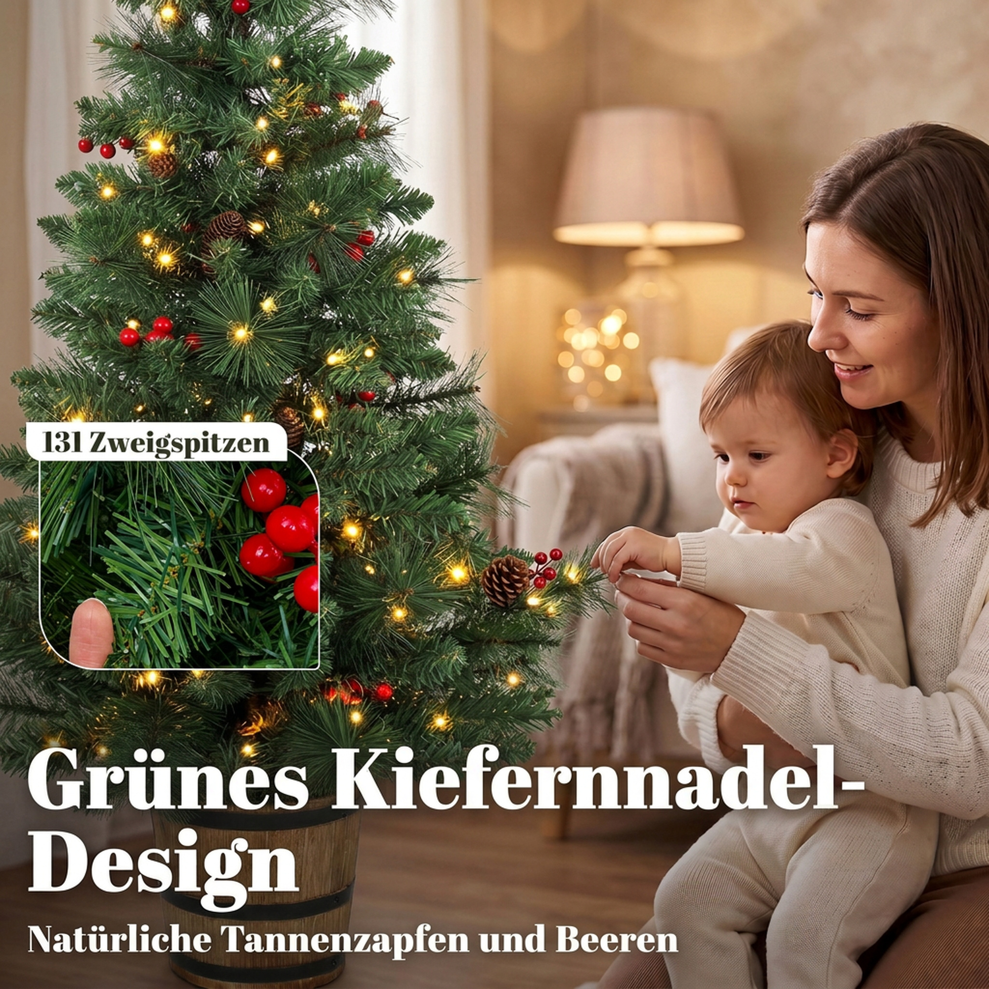Künstlicher Weihnachtsbaum, 120 cm Christbaum mit 100 LED-Beleuchtung 131 Spitzen Beeren, 2 Lichtfarben, Fernbedienung