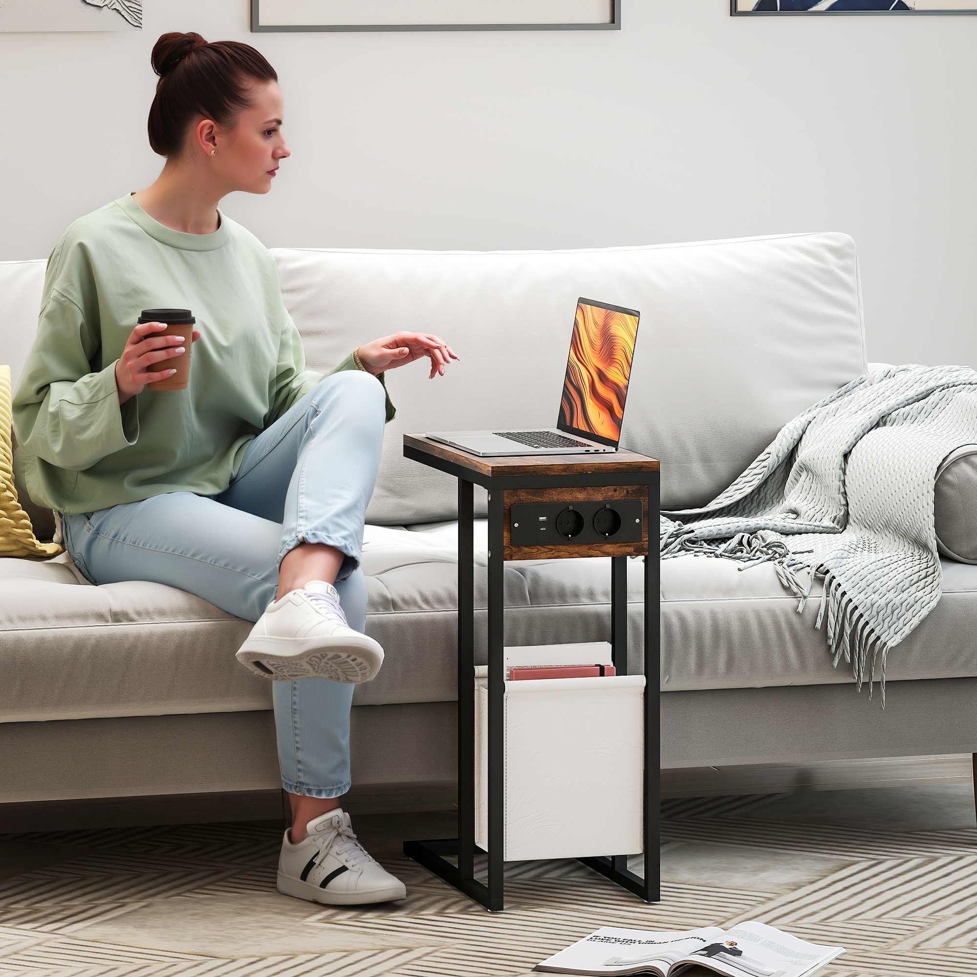 Beistelltisch mit Steckdosen, USB-Anschlüssen, Kabel, C-förmiges Design