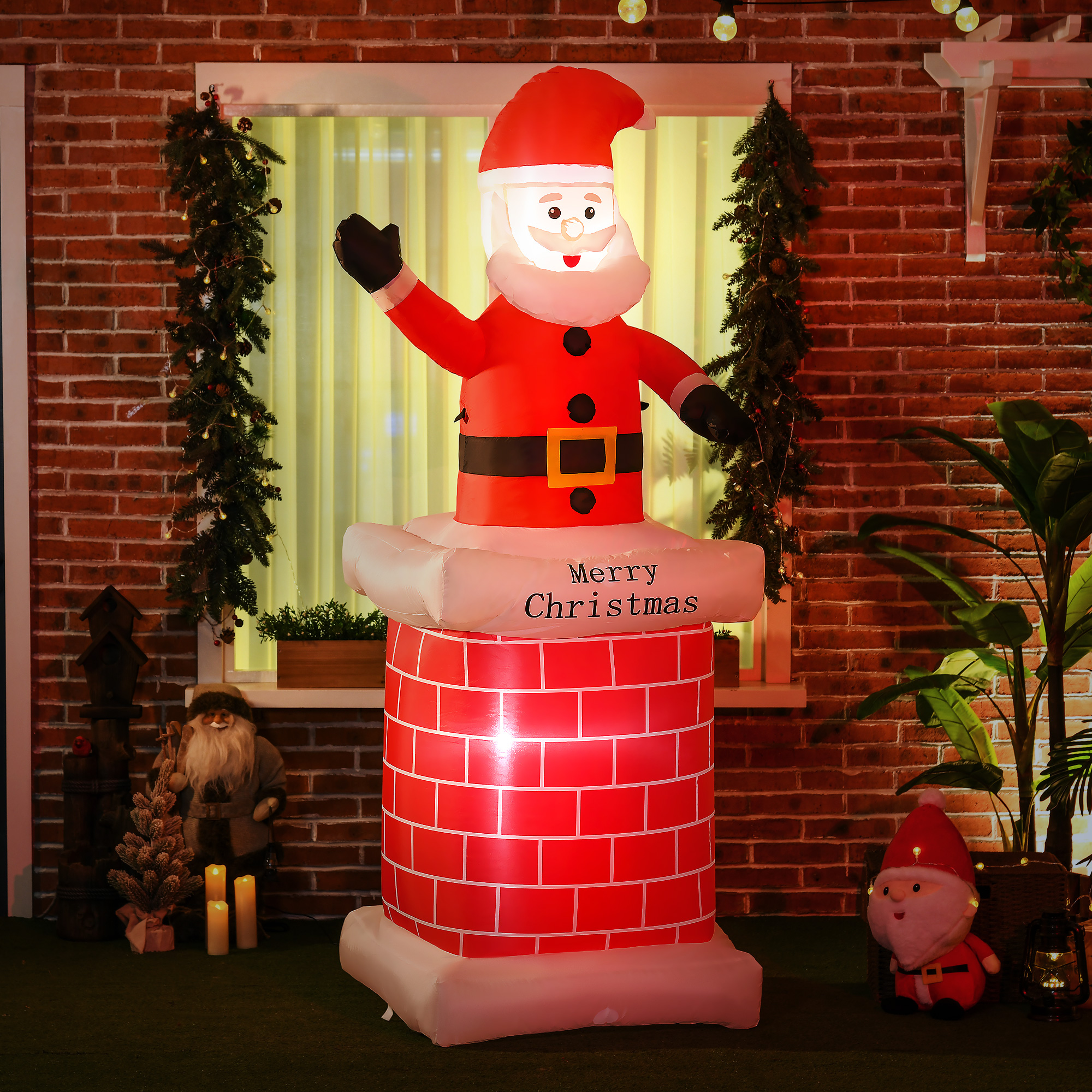 Aufblasbarer Weihnachtsmann mit Schornstein, LED-Beleuchtung, integriertes Gebläse, 80 x 70 x 210 cm