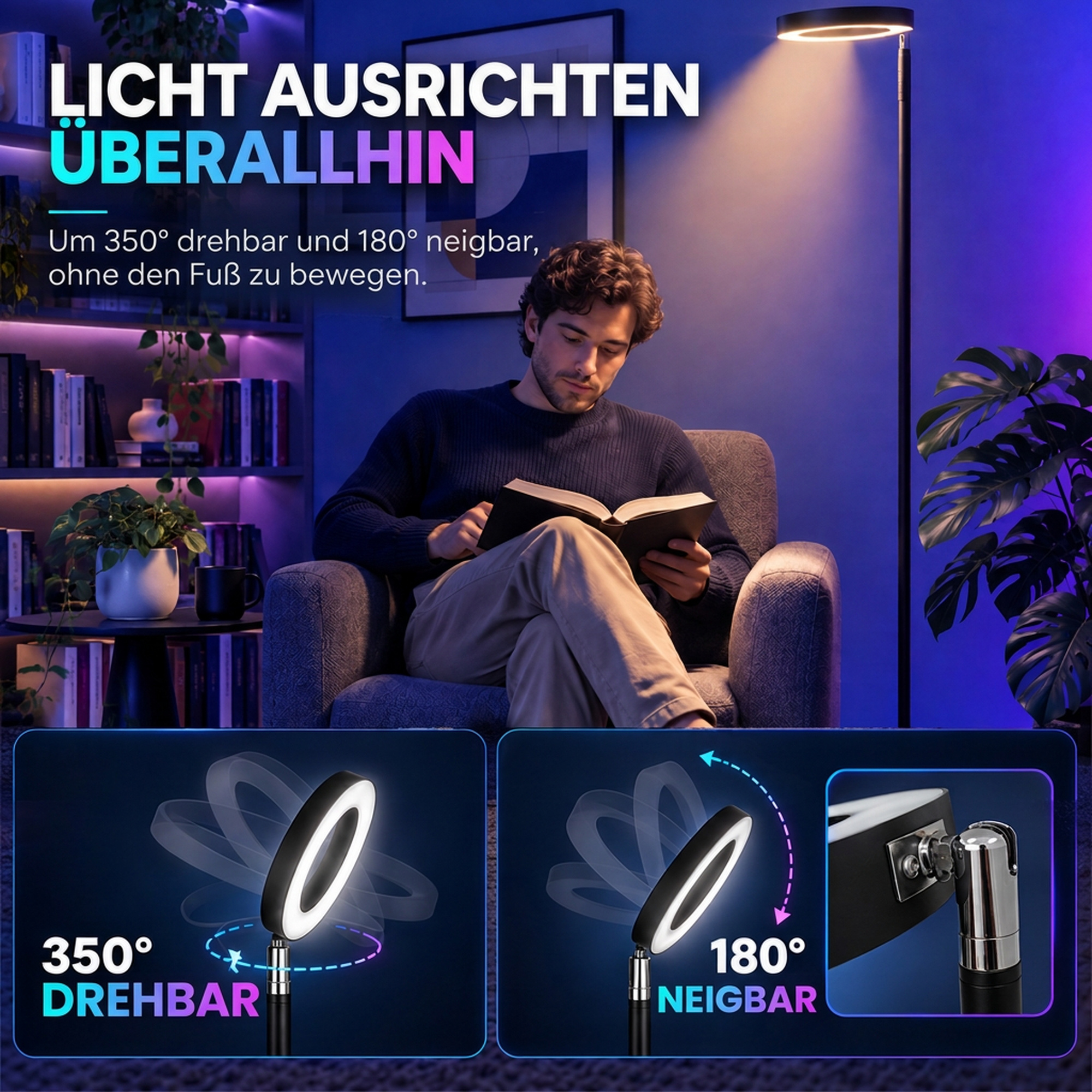 Stehlampe 42W LED dimmbar 3 Farbtemperaturen Deckenfluter verstellbarer Ringkopf Schwarz