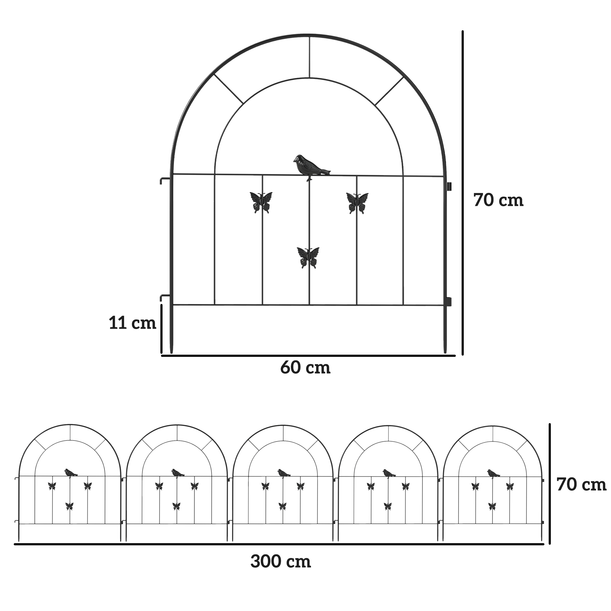 Gartenzaun Zaun Stahl 300 cm x 70 cm hoch Dekorativer Gitterzaun Set Zaunelemente Schwarz