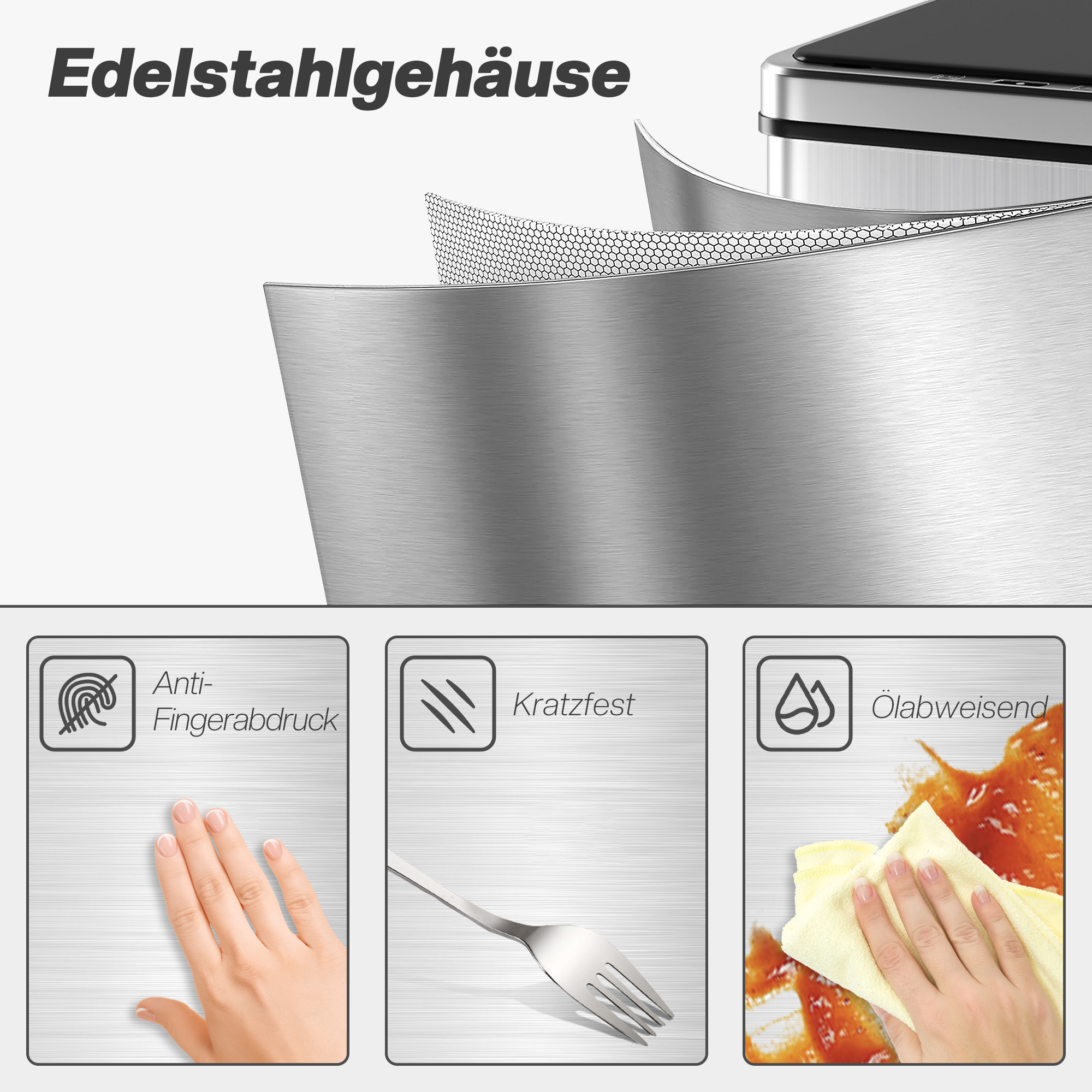 Sensor Mülleimer 40L Edelstahl Automatischer Mülleimer mit Soft-Close-Deckel Bewegungssensor 35,5 x 26 x 55 cm Silber