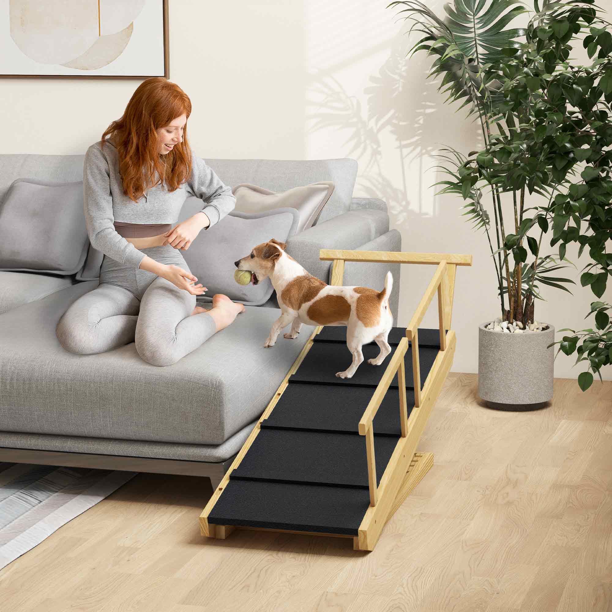 Hunderampe, höhenverstellbar, klappbar, Geländer, für Hunde bis 40kg, Holzrahmen, 85 x 40 x 61 cm, Schwarz
