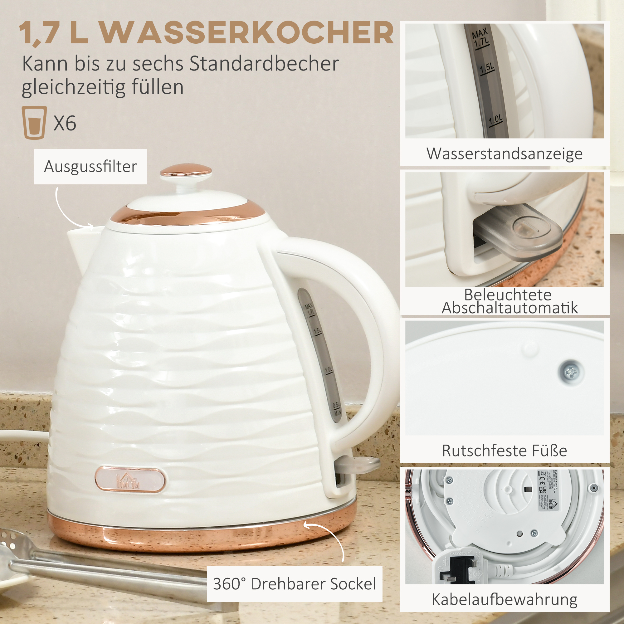 2-in-1 Toaster- und Wasserkocher-Set, 7 Bräunungsstufen, Auftau- und Aufwärmfunktion, Cremeweiß