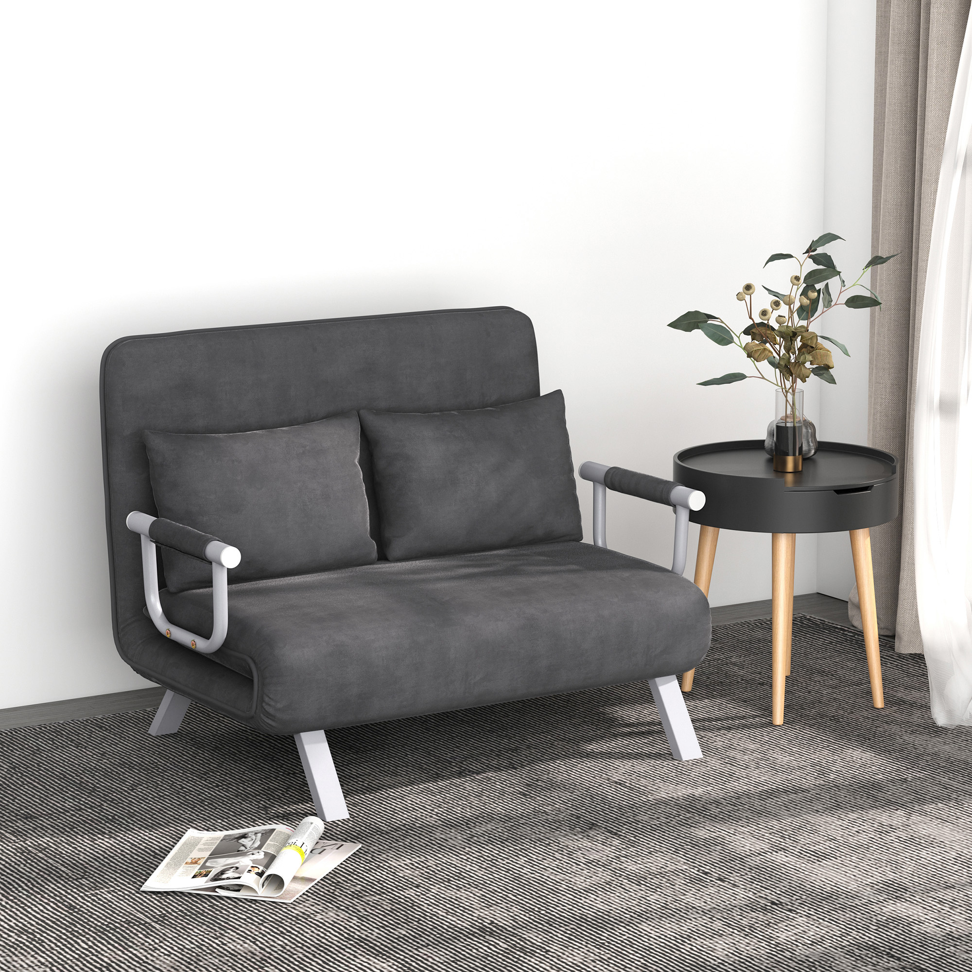 3 in 1 Schlafsofa 185x105cm Schlafcouch mit 5-stufig Verstellbarer Rückenlehne, Wurfkissen, 2 Sitzer Sofa mit Schlaffunktion, Samtoptik, Chaiselounge für Wohnzimmer, Schlafzimmer, Grau