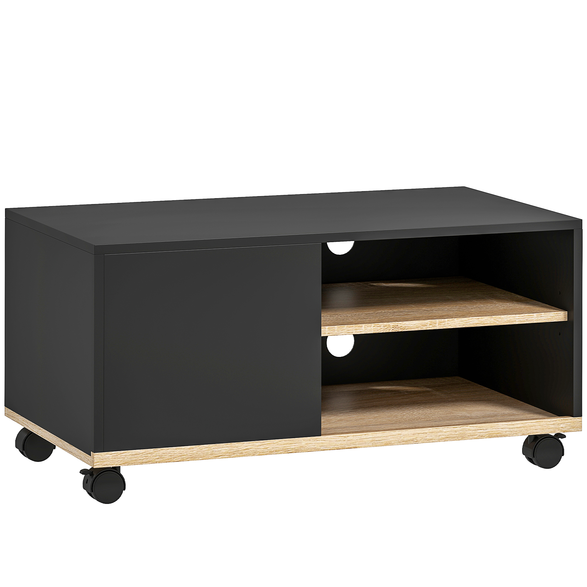 TV-Board auf Rollen mit Bremsen, TV-Möbel mit Schrank und verstellbarer Ablage, Schwarz und Eiche