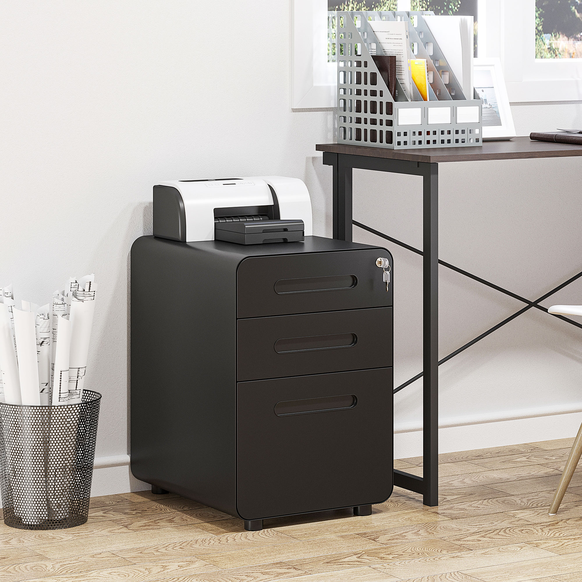 Rollcontainer mit 3 Schubladen mobiler Aktenschrank mit Rollen abschließbar Büroschrank mit Hängeregistratur Stiftfach, Bürocontainer Schreibtisch Unterschrank für Büro 39x48x59cm Schwarz