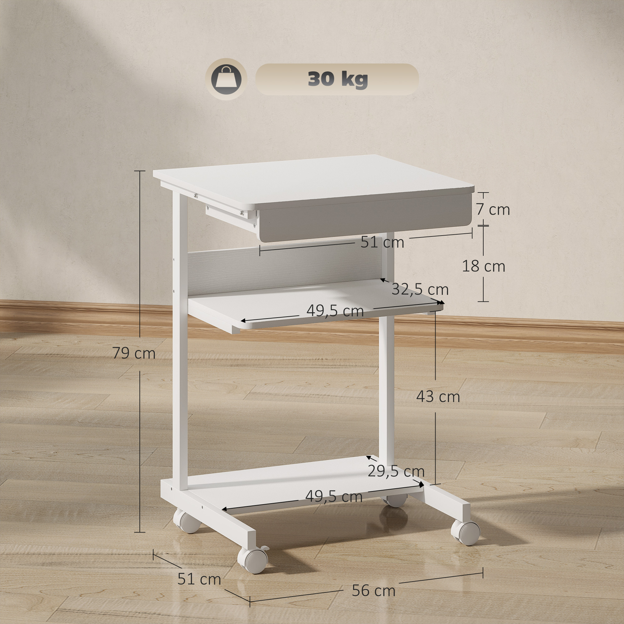 Roll-Schreibtisch mit Schublade und Regalen, 4 Räder, kompakt, Spanplatte, Metall