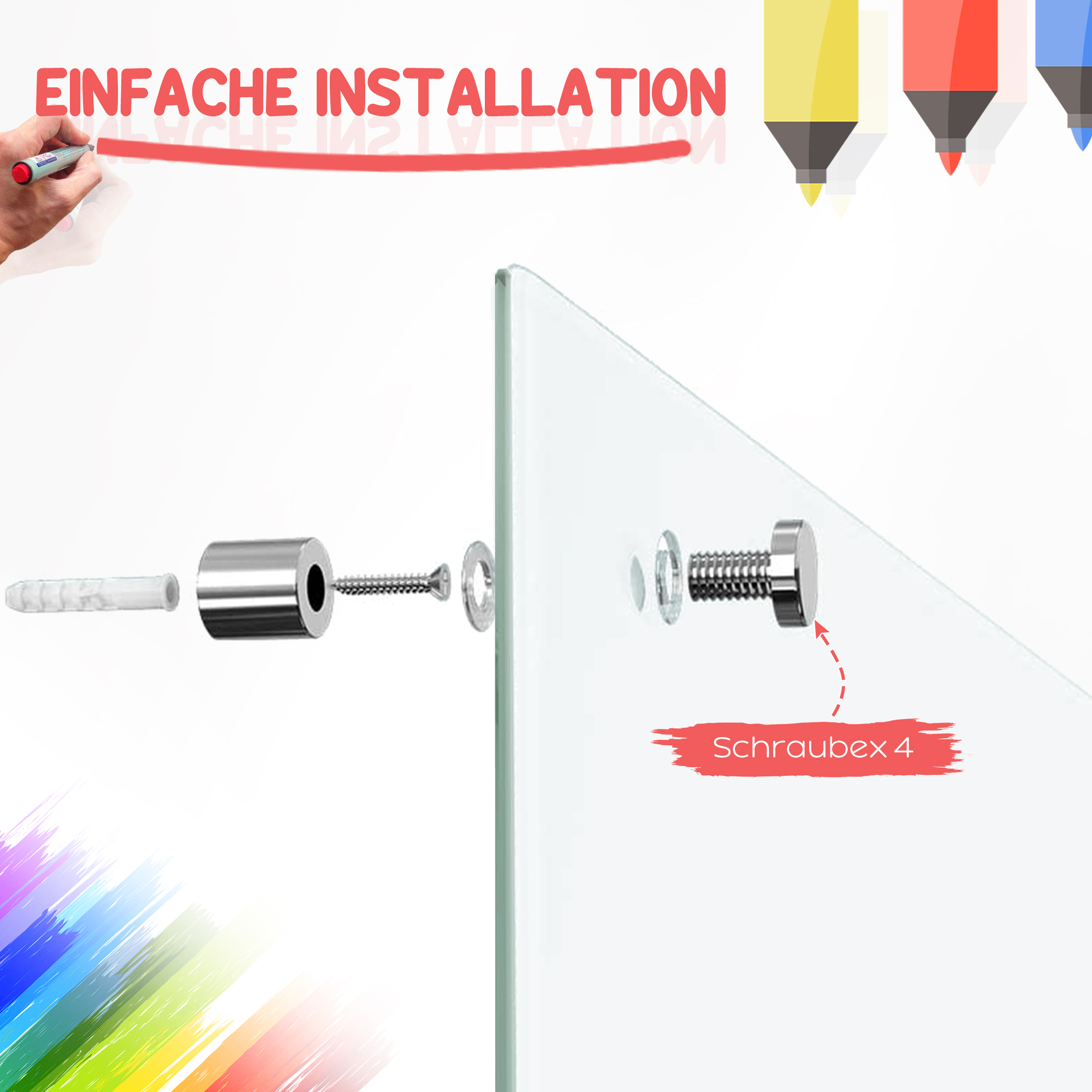 Glas Whiteboard, Memoboard, Whiteboard,  4 Stifte, 6 Magnete, 1 Schwamm,1 Ablage, Weiß