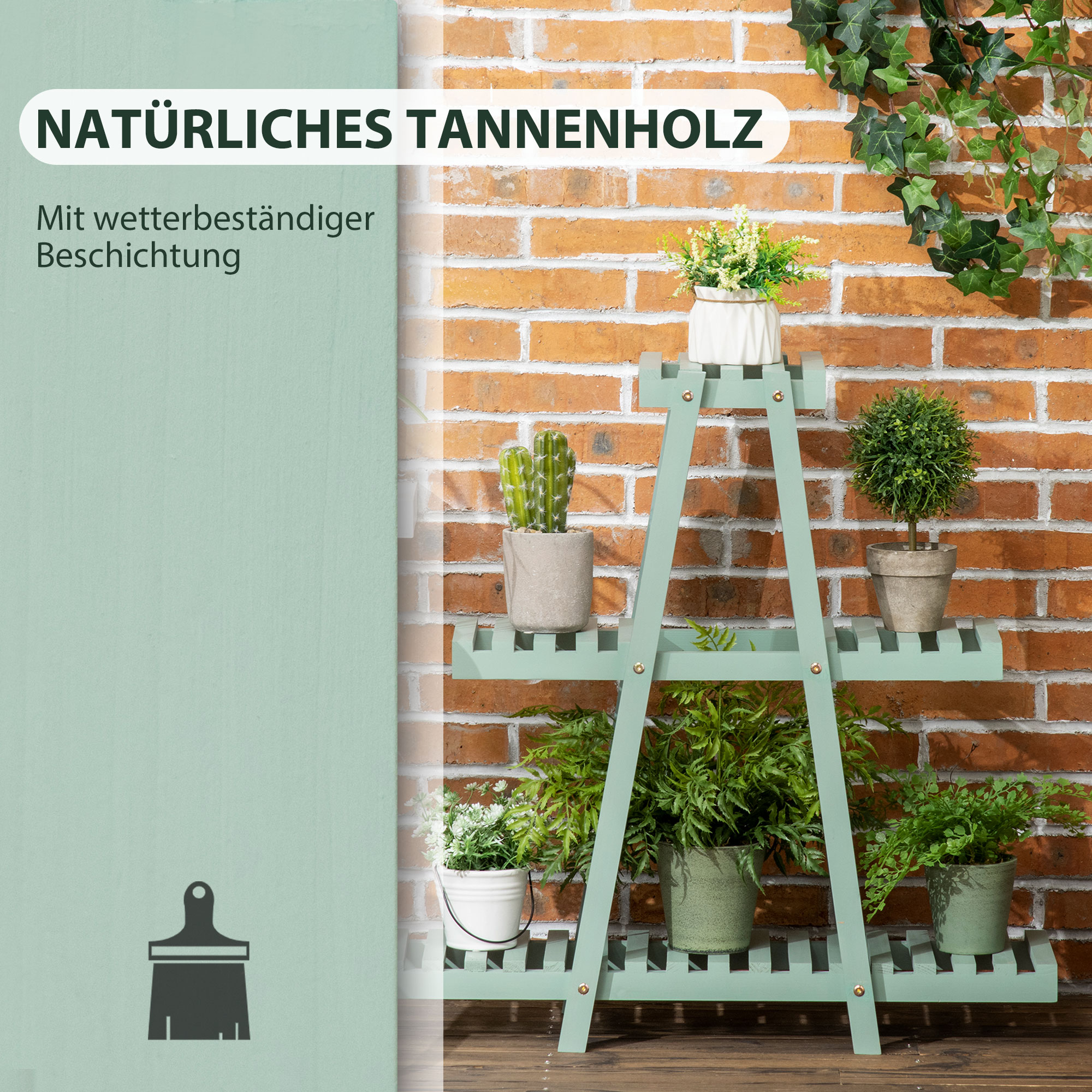 Pflanzenregal mit 3 Ebenen, für 6 Blumentöpfen, wetterbeständig, 76 cm x 26 cm x 76 cm, Hellgrün