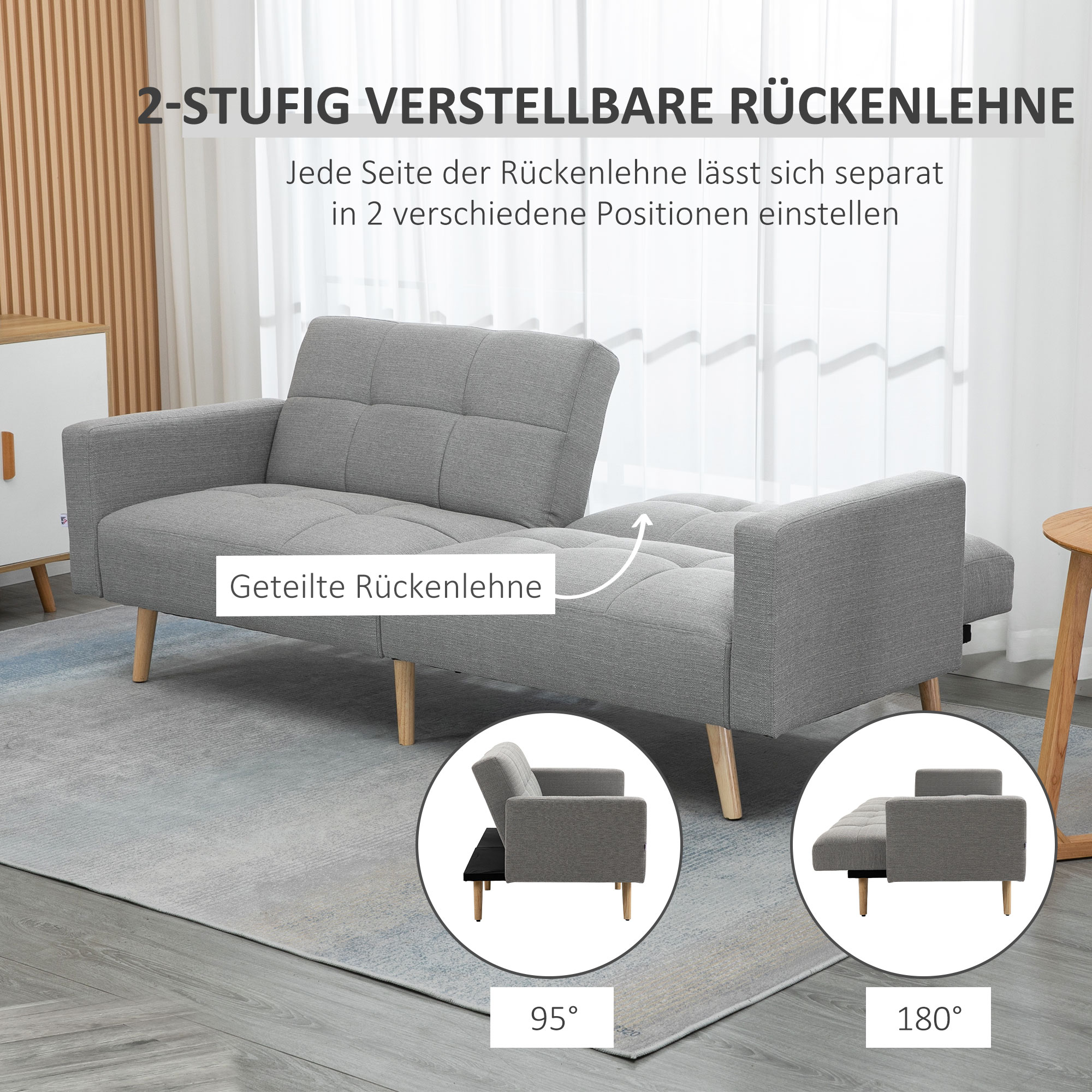 2 in 1 Schlafsofa 205 x 88 cm Sofa mit Bettfunktion, Couch mit Sitzkissen, Leinenoptik Grau