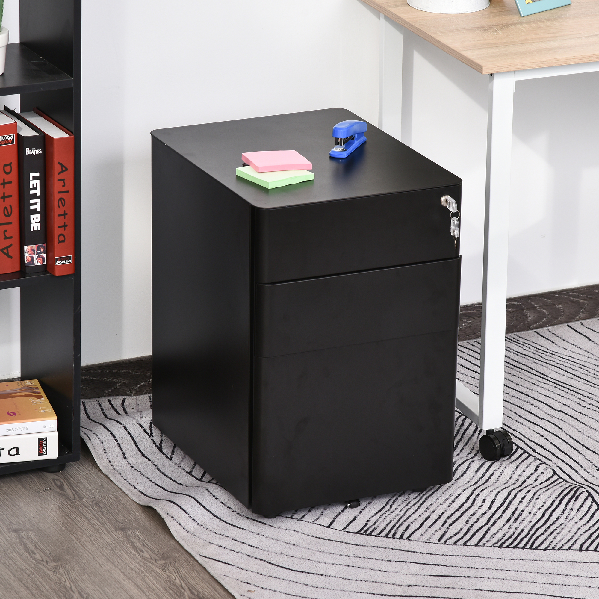 Rollcontainer, mobiler Aktenschrank mit 3 Schubladen, abschließbarer Büroschrank mit Hängeregistratur, Aufbewahrung, Stahl, 39 x 48 x 59 cm Schwarz