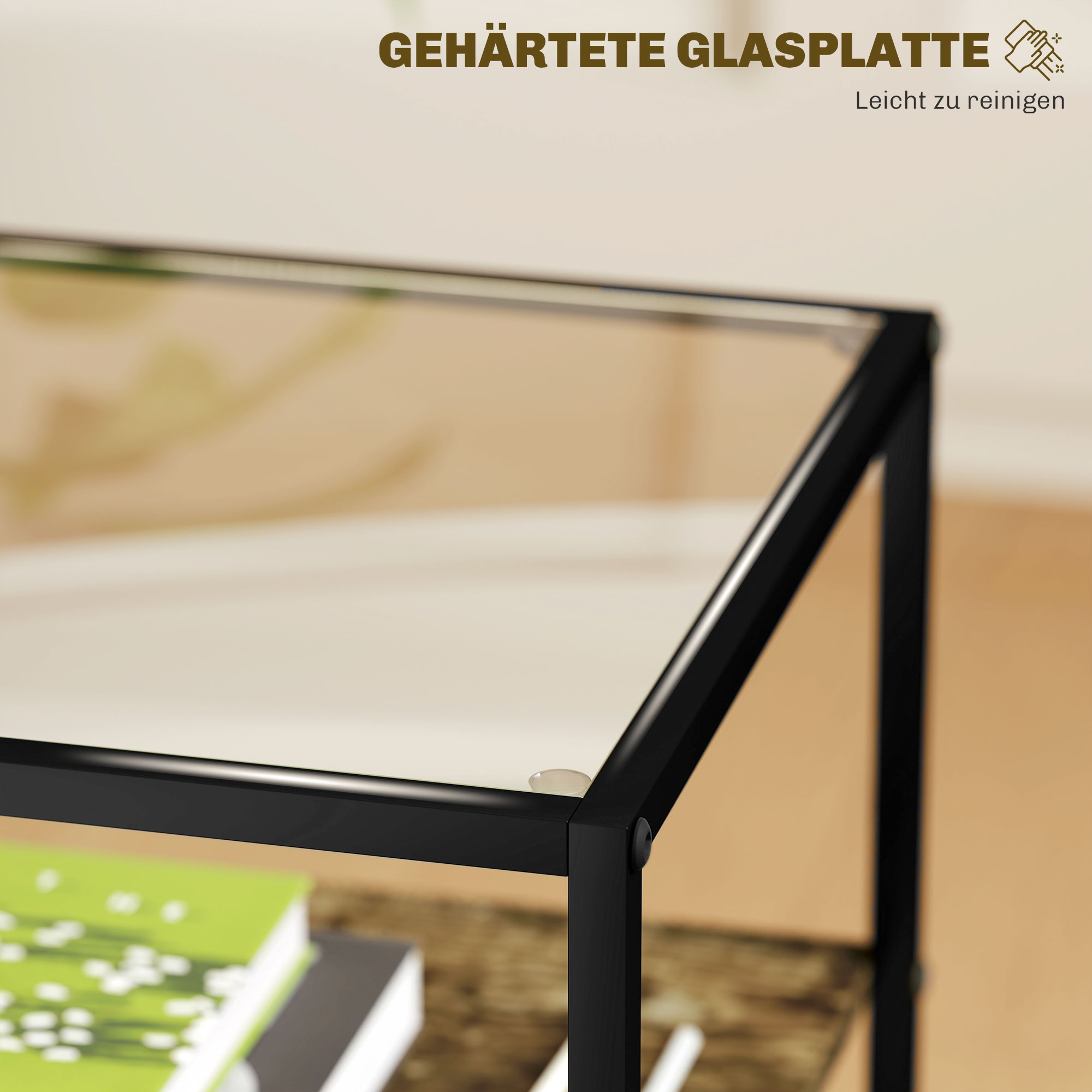 2er-Set Beistelltische mit Glasplatte, 3-stufiges Design, Metallrahmen, für Wohnzimmer, Schlafzimmer, Braun