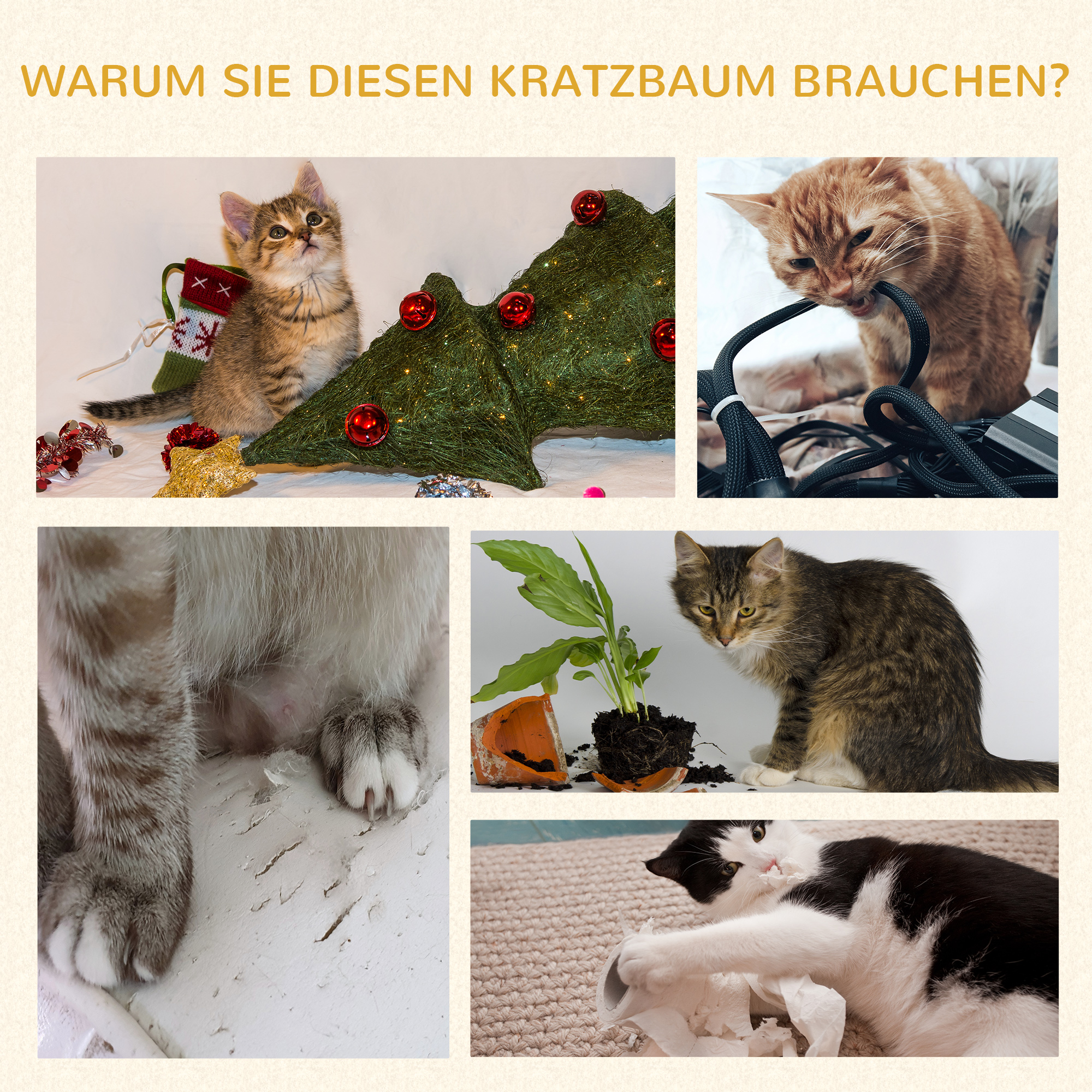 Kratzbaum, eine Plattform, hängender Spielball, Sisal, dunkelgrau+cremeweiß, 48 x 48 x 92cm