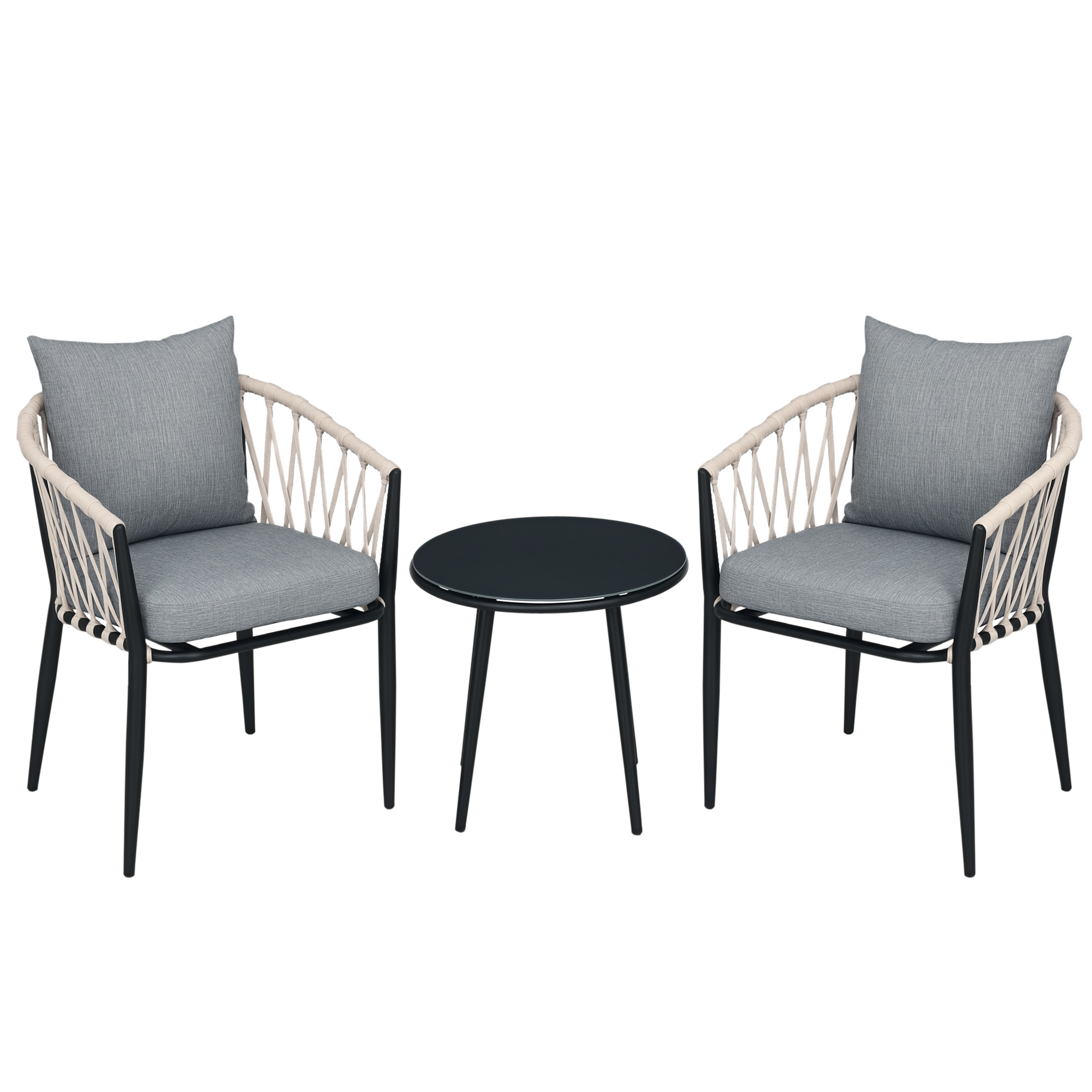 Gartenmöbel Set für 2 Personen inkl. 1 Tisch, 2 Stühlen mit Sitzkissen, Balkon-Set, Stahl, Grau