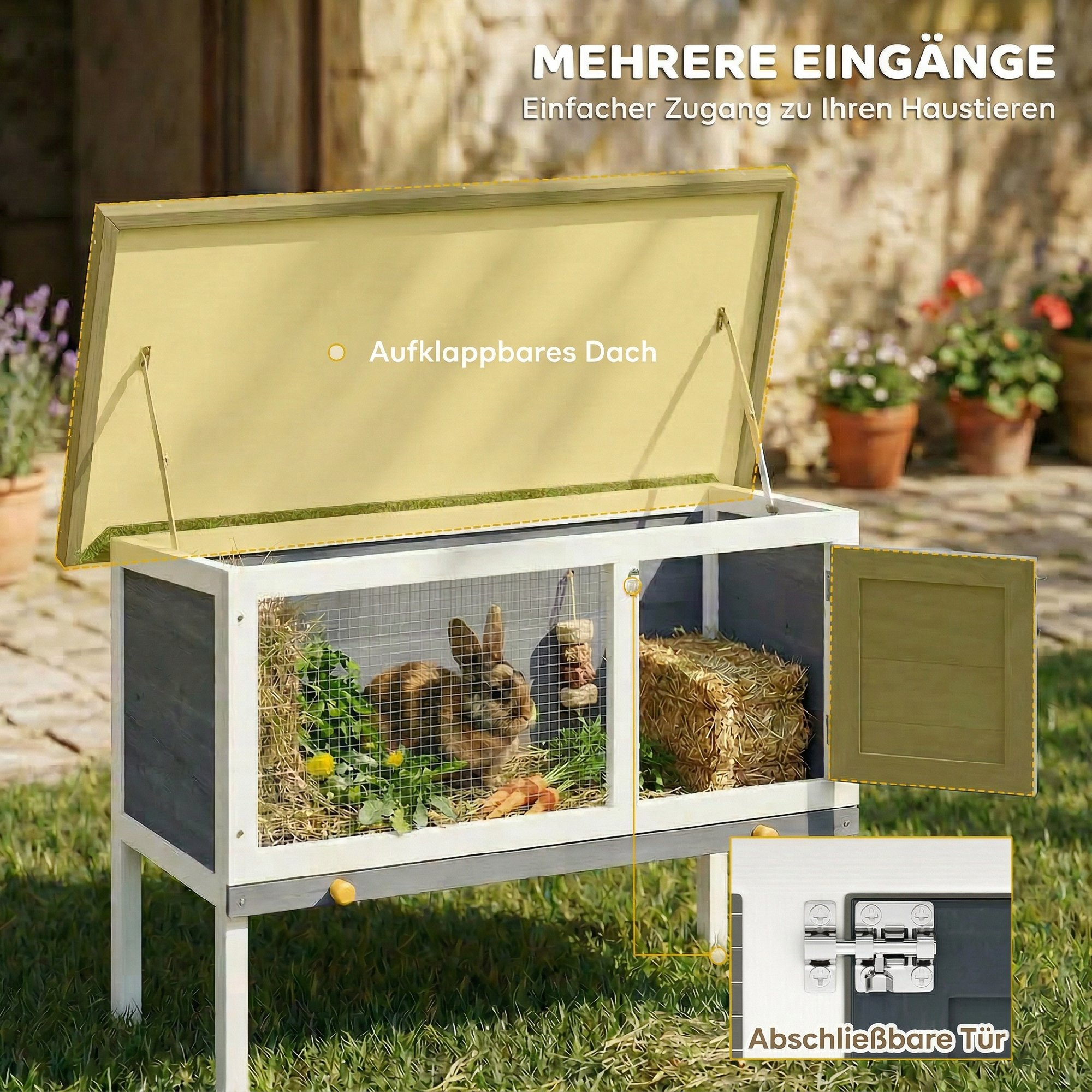 Hasenstall erhöhter Kaninchenstall aus Holz mit aufklappbar Bitumendach herausziehbarer Schublade 90x45x65 cm Grau