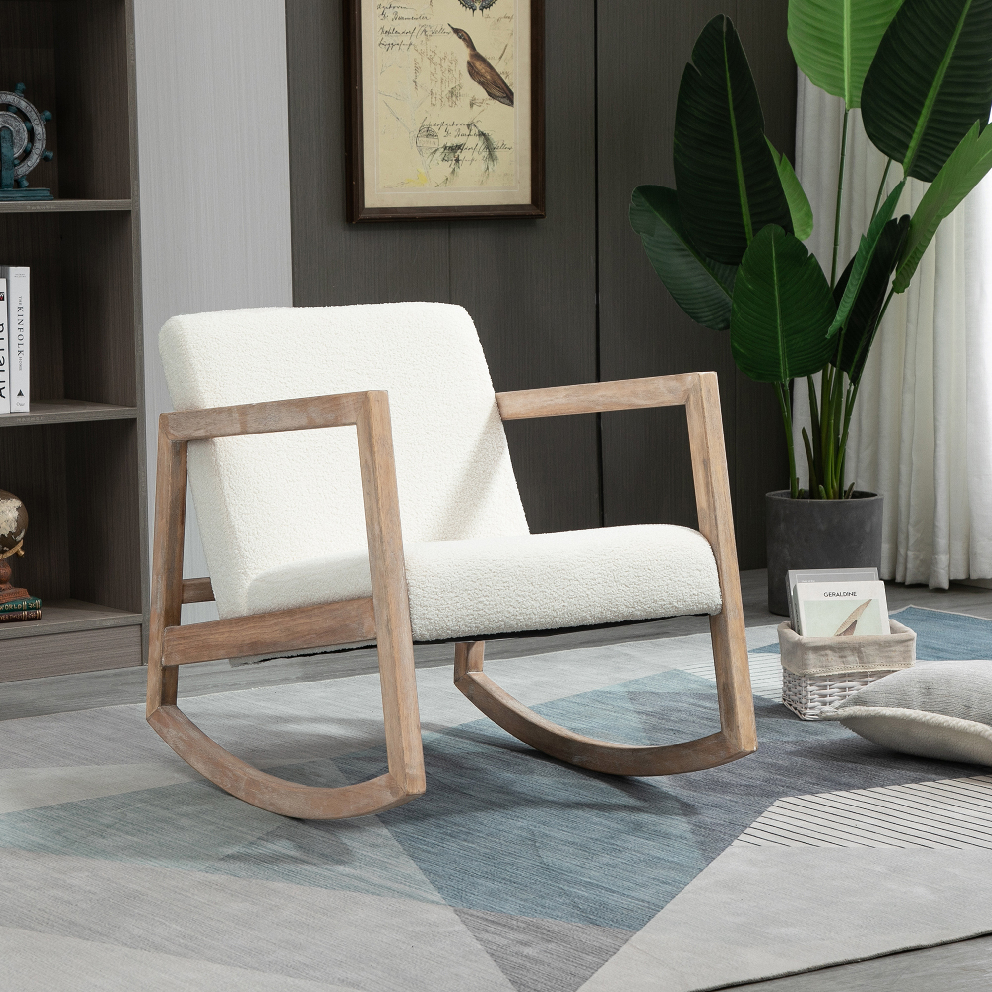 Schaukelstuhl mit Holzrahmen gepolstert Relax Stuhl Sessel Stuhl Wohnzimmersessel Lounge mit gepolsterter Sitzfläche Kautschukholz Cremeweiß 60 x 81 x 71 cm