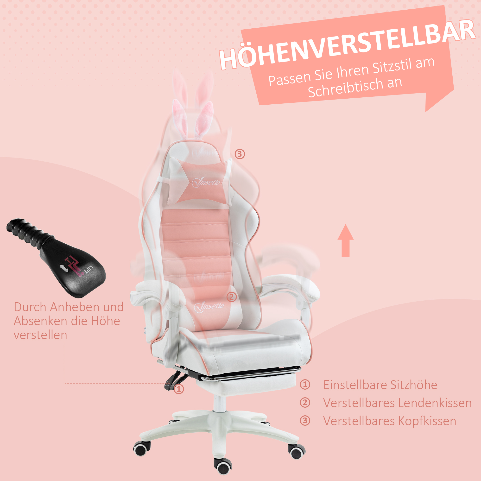 Gaming Stuhl Ergonomischer Gamer Stuhl mit Lendenwirbelstütze, Fußstütze Hasenohren Kopfkissen Rosa