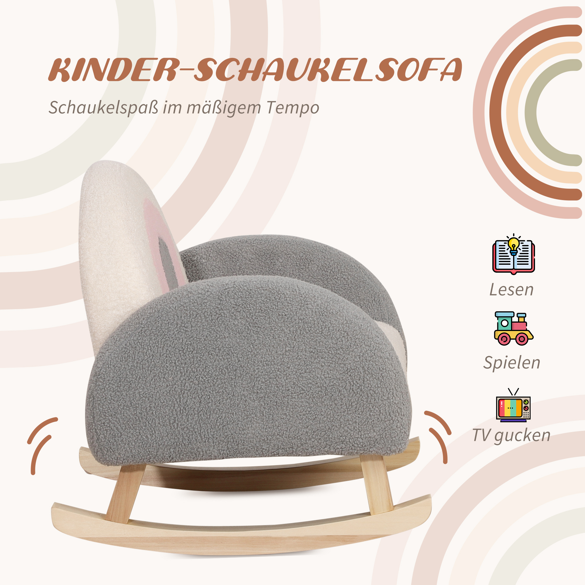 Schaukelstuhl für Kleinkinder, niedliches Design, Schaffell-Imitat, Eukalyptusholz, 50 x 45 x 44cm, grau+rosa+creme