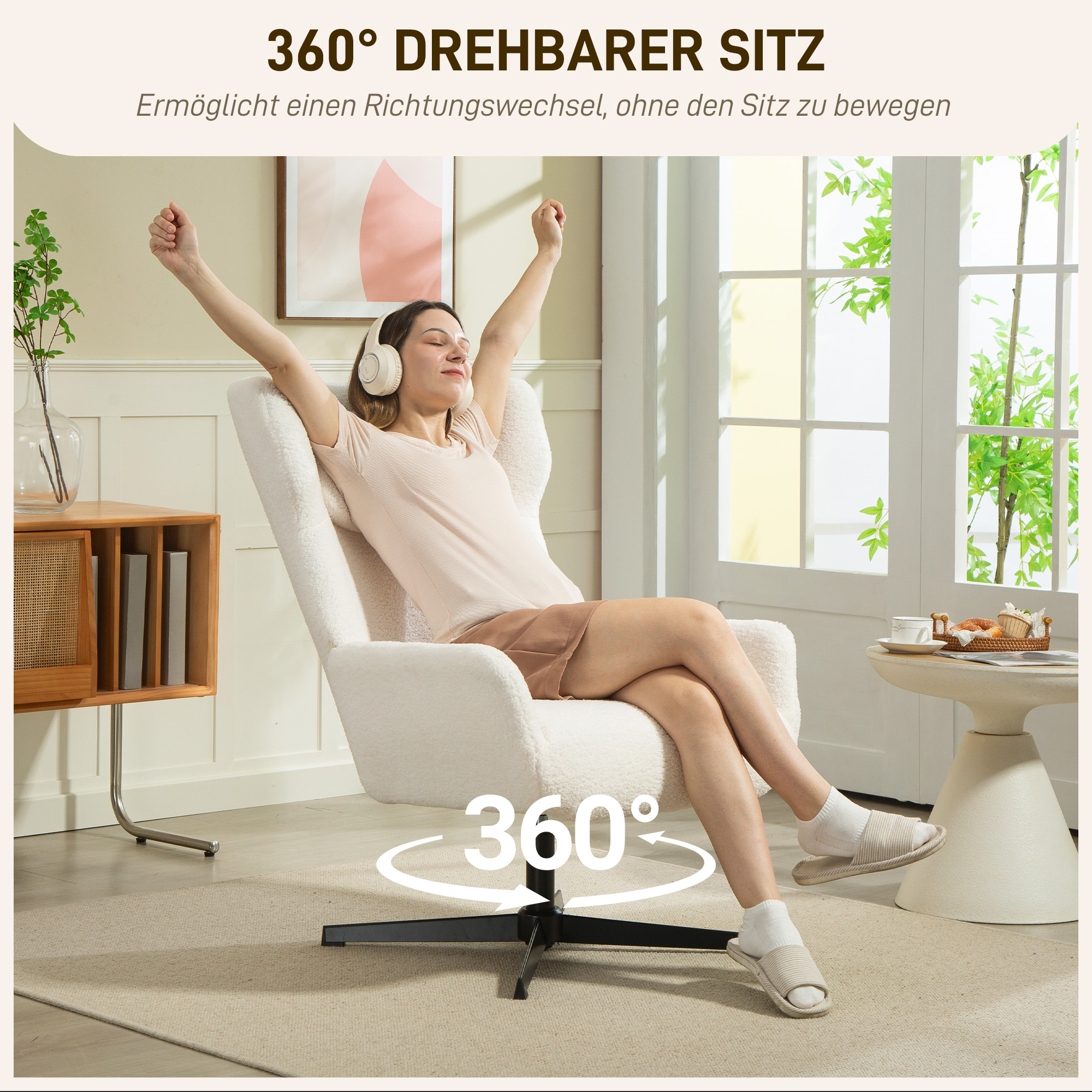 Akzentstuhl, Polstersessel mit Fleece-Bezug, Drehfuß, Metallrahmen, Cremeweiß