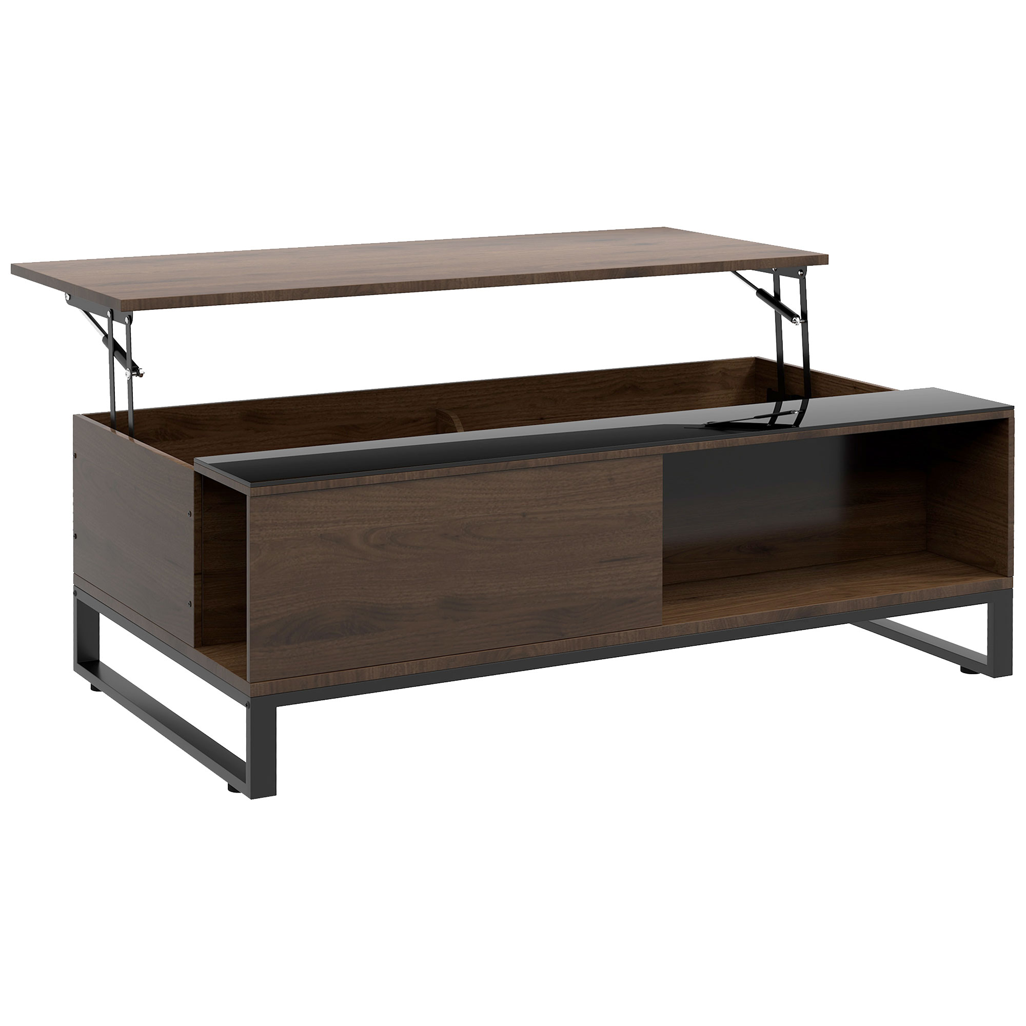 Beistelltisch mit Hebefunktion, verstecktes Staufach, Walsnussholzoptik, Stahlrahmen, 102 x 58 x 35,5 cm