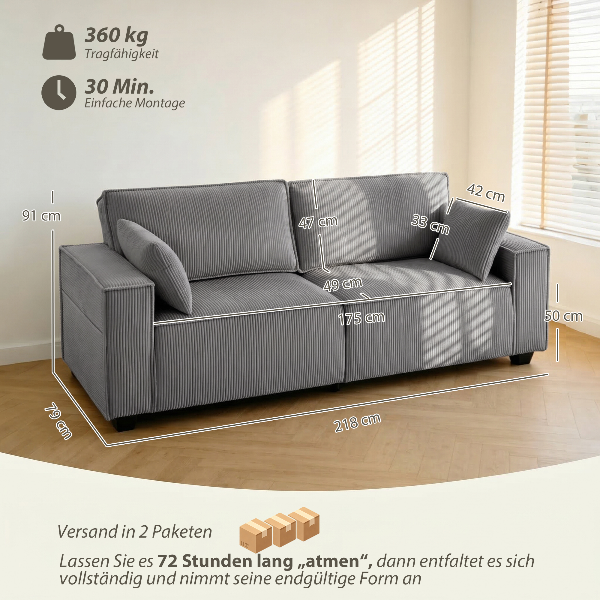 218 cm 3-Sitzer Sofa, modernes Cord-Sofa mit Taschenfeder-Polsterung, breiten Armlehnen und 2 Kissen, hellgrau
