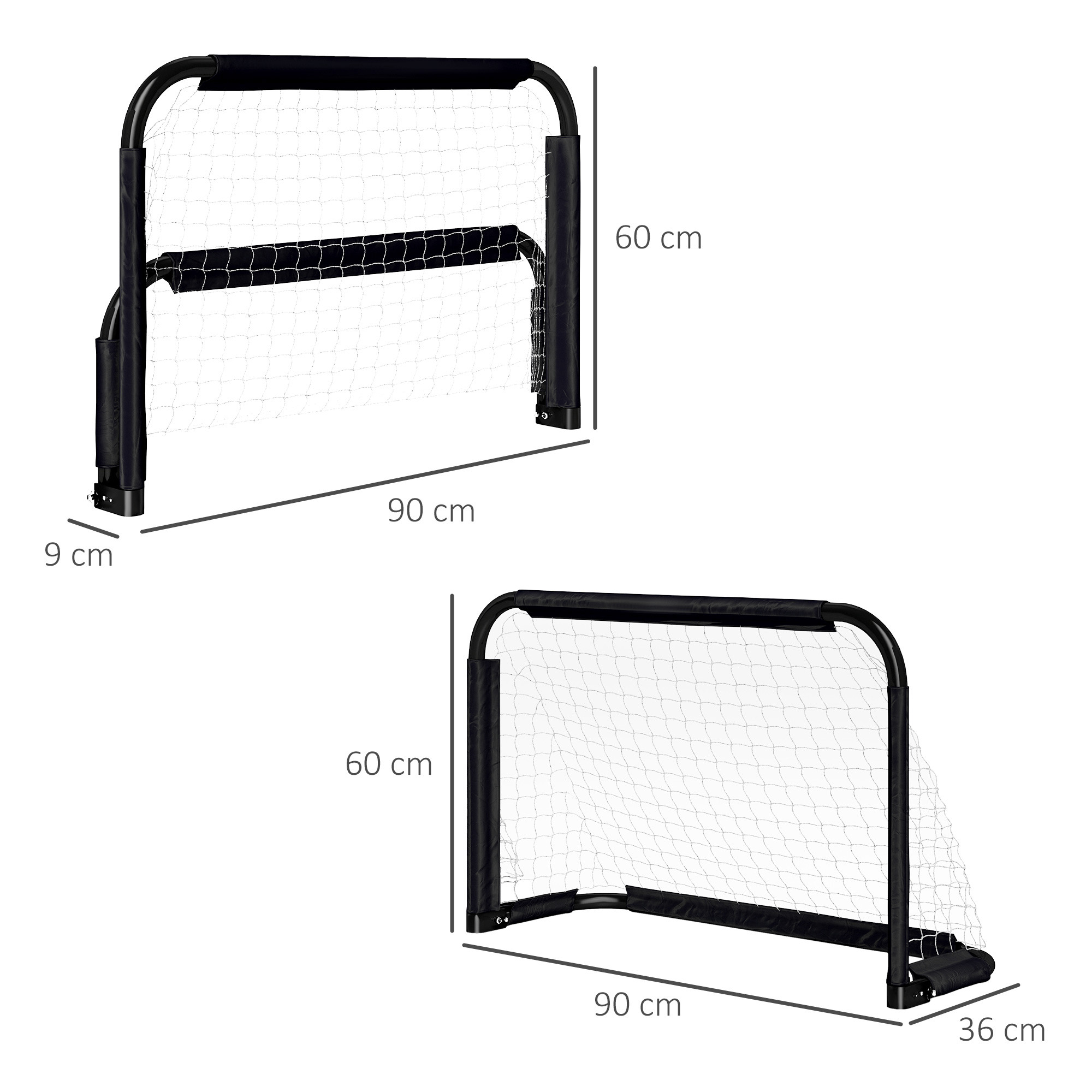 Fußballtor-Set, 2 klappbare Minitore, Metallrahmen, inkl. Werkzeug, 90 x 36 x 60 cm, Schwarz