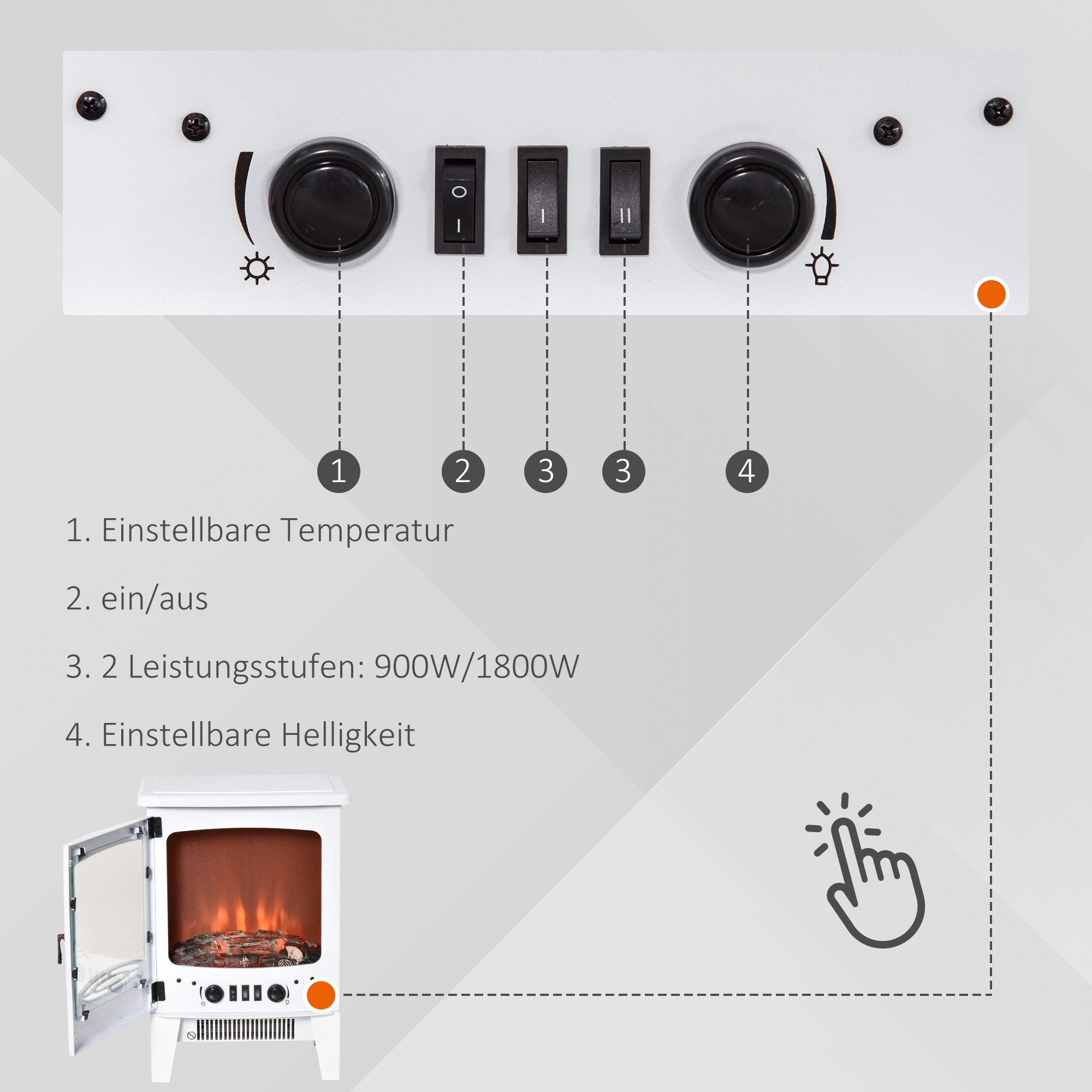 Elektrokamin mit Heizung, elektrischer Kamin mit LED Flammeneffekt, 900/1800 W Dekokamin, elektrisch Kaminfeuer Kaminofen, Weiß