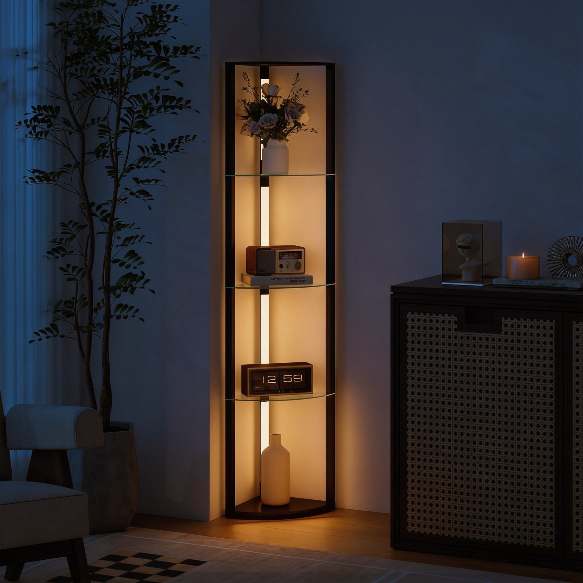 LED Stehlampe mit Glasregal Stehleuchte mit 3 Helligkeitsstufen Fußschalter für Wohnzimmer Schlafzimmer Schwarz